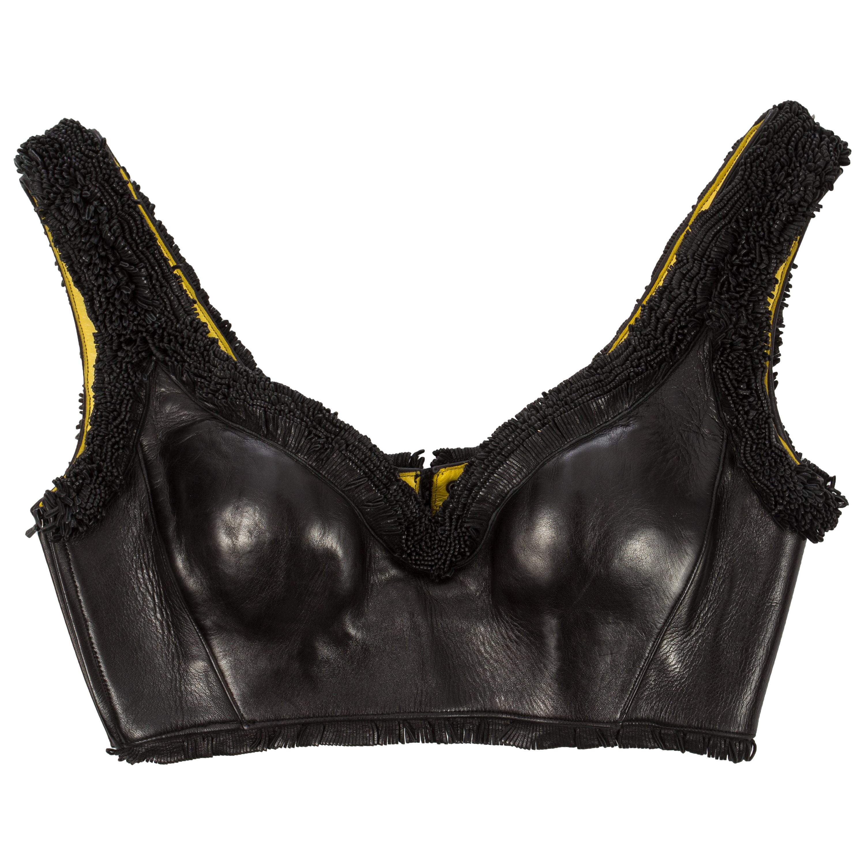 Azzedine Alaia black leather fringed lace up bra, ca. 1994 For Sale