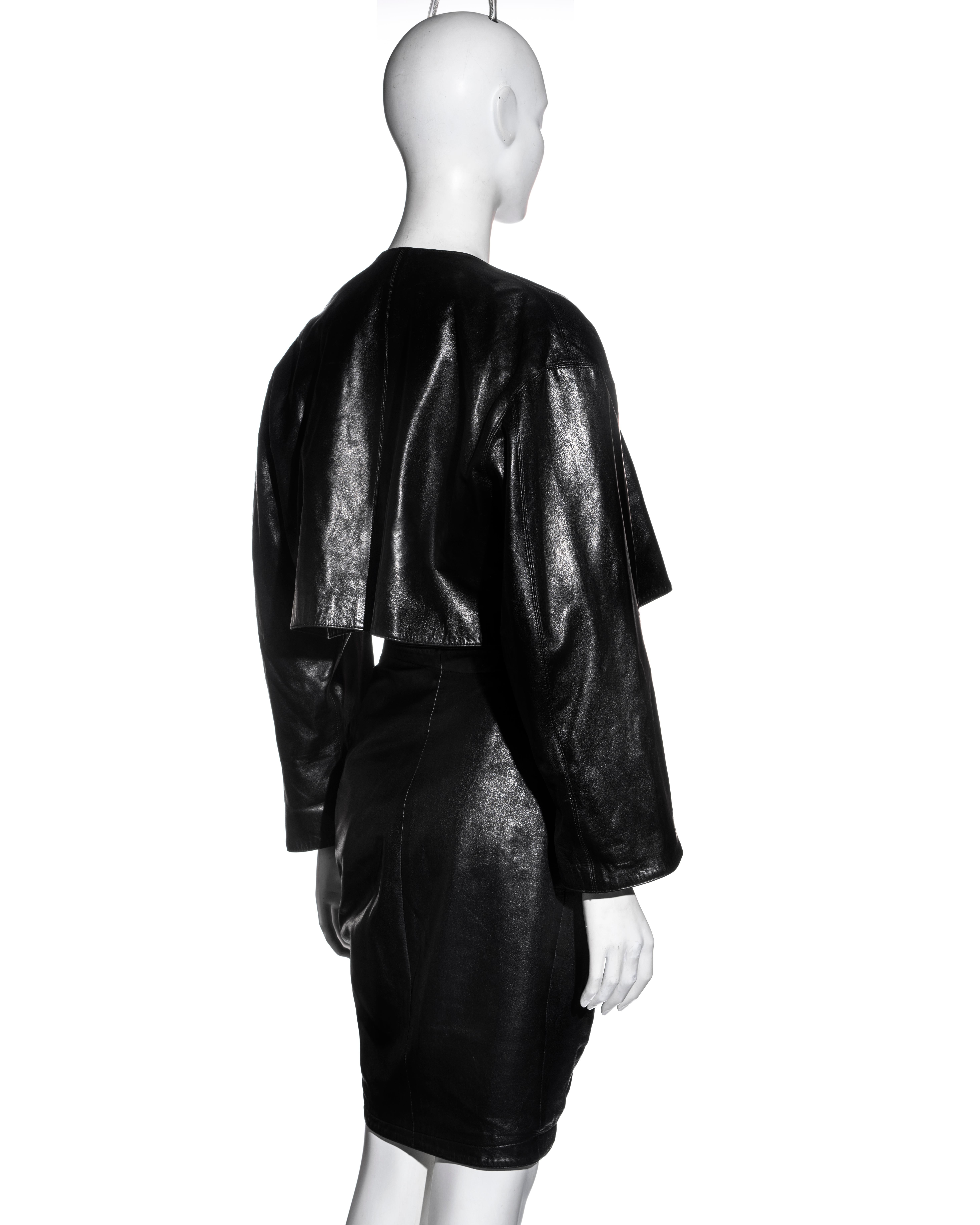 Azzedine Alaia black leather jacket and skirt set, fw 1983 For Sale 2