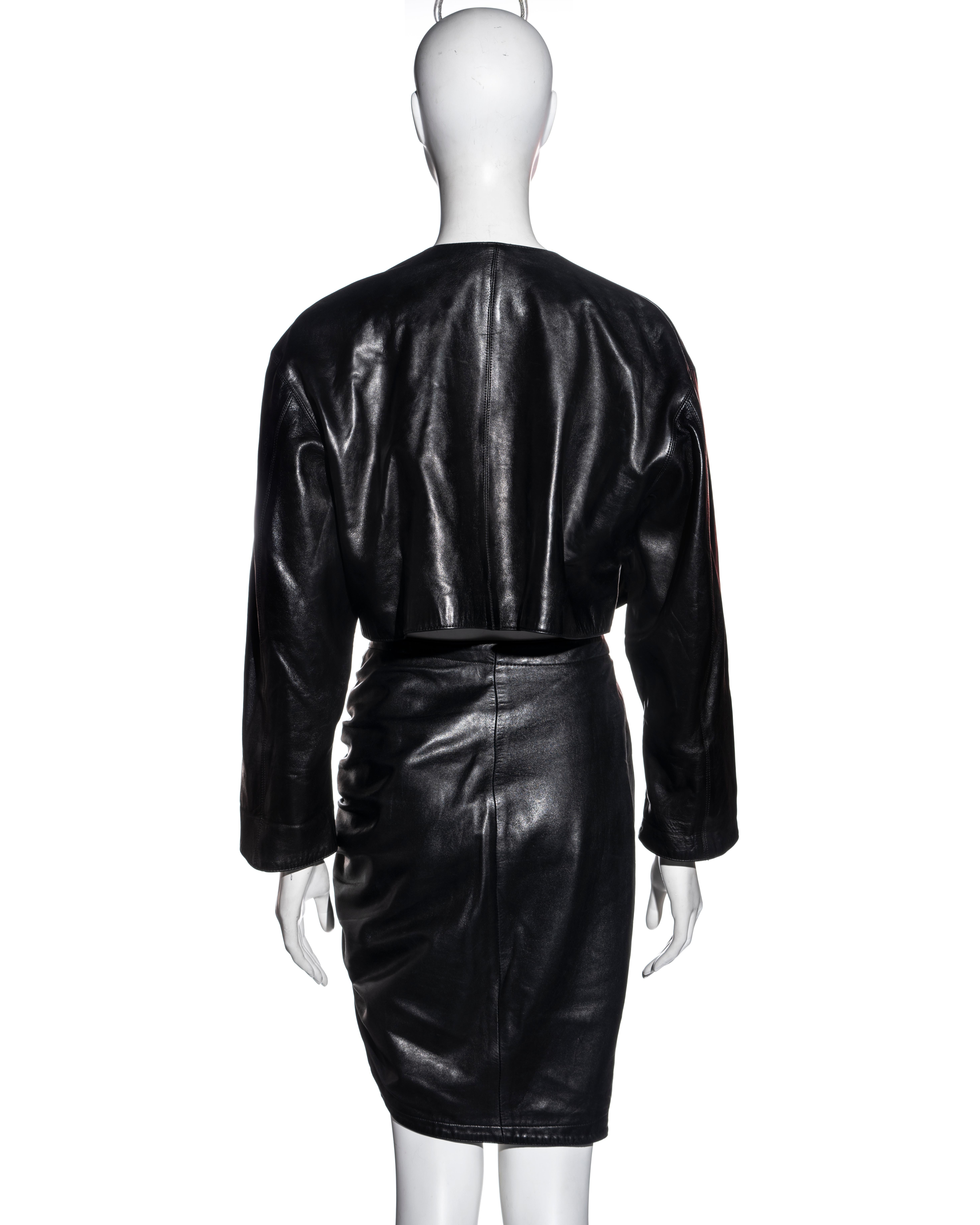 Azzedine Alaia black leather jacket and skirt set, fw 1983 For Sale 3