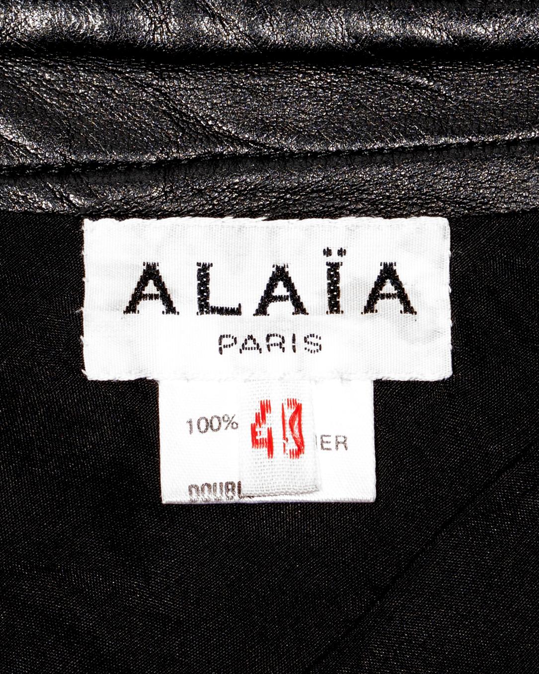 Azzedine Alaia black leather jacket and skirt set, fw 1983 For Sale 4