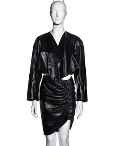 Azzedine Alaia black leather jacket and skirt set, fw 1983