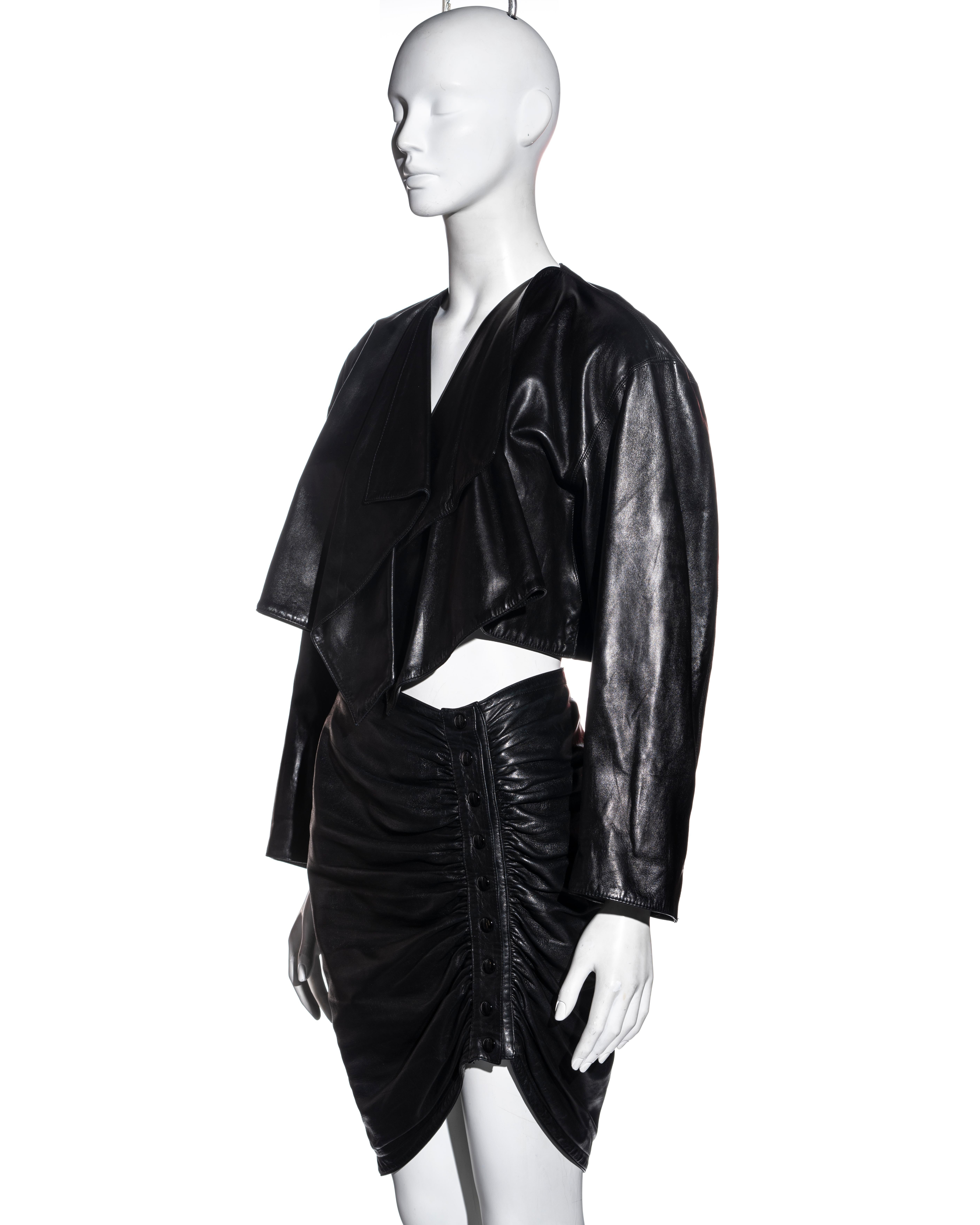 Black Azzedine Alaia black leather jacket and skirt set, fw 1983 For Sale