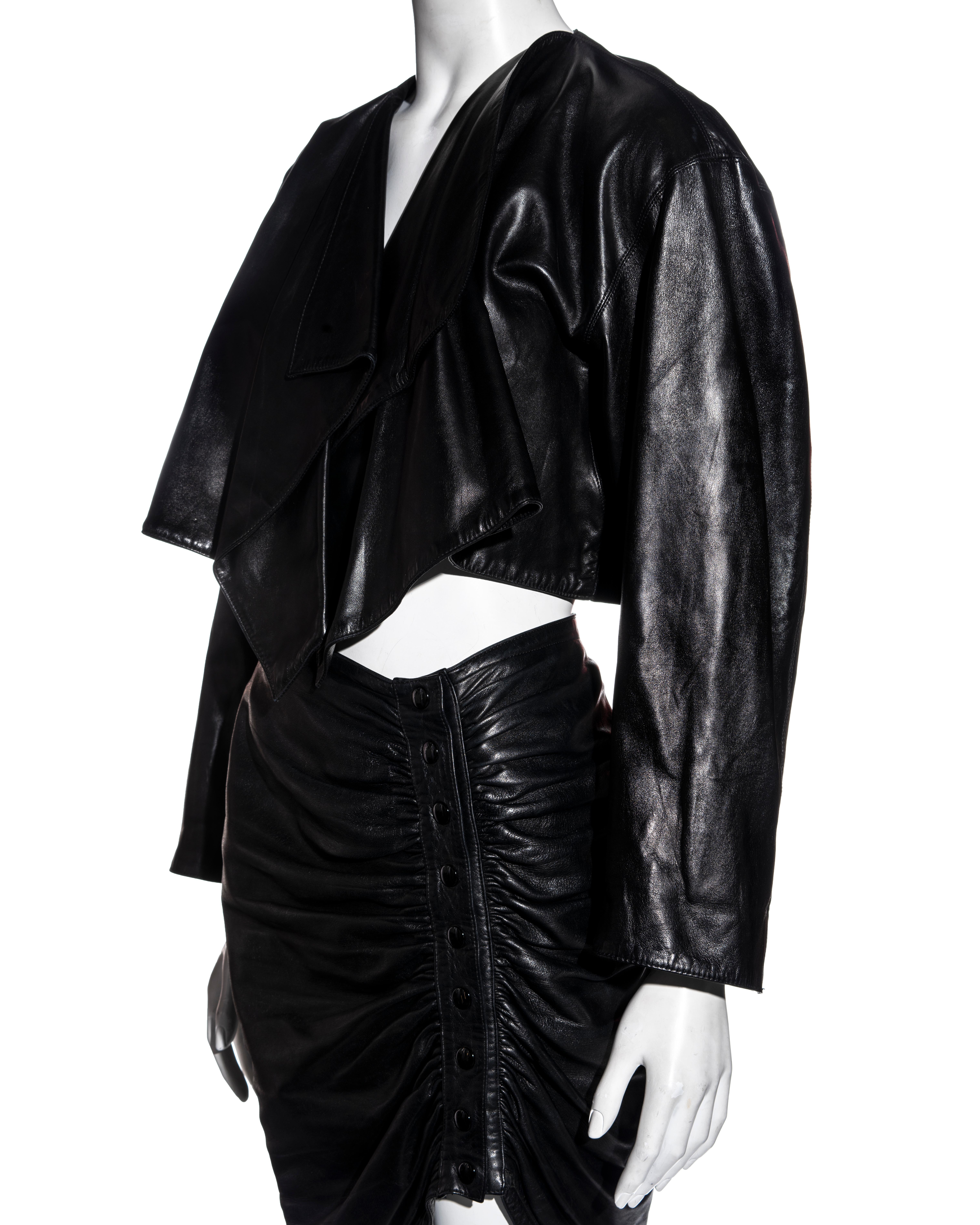 Azzedine Alaia black leather jacket and skirt set, fw 1983 In Good Condition For Sale In London, GB