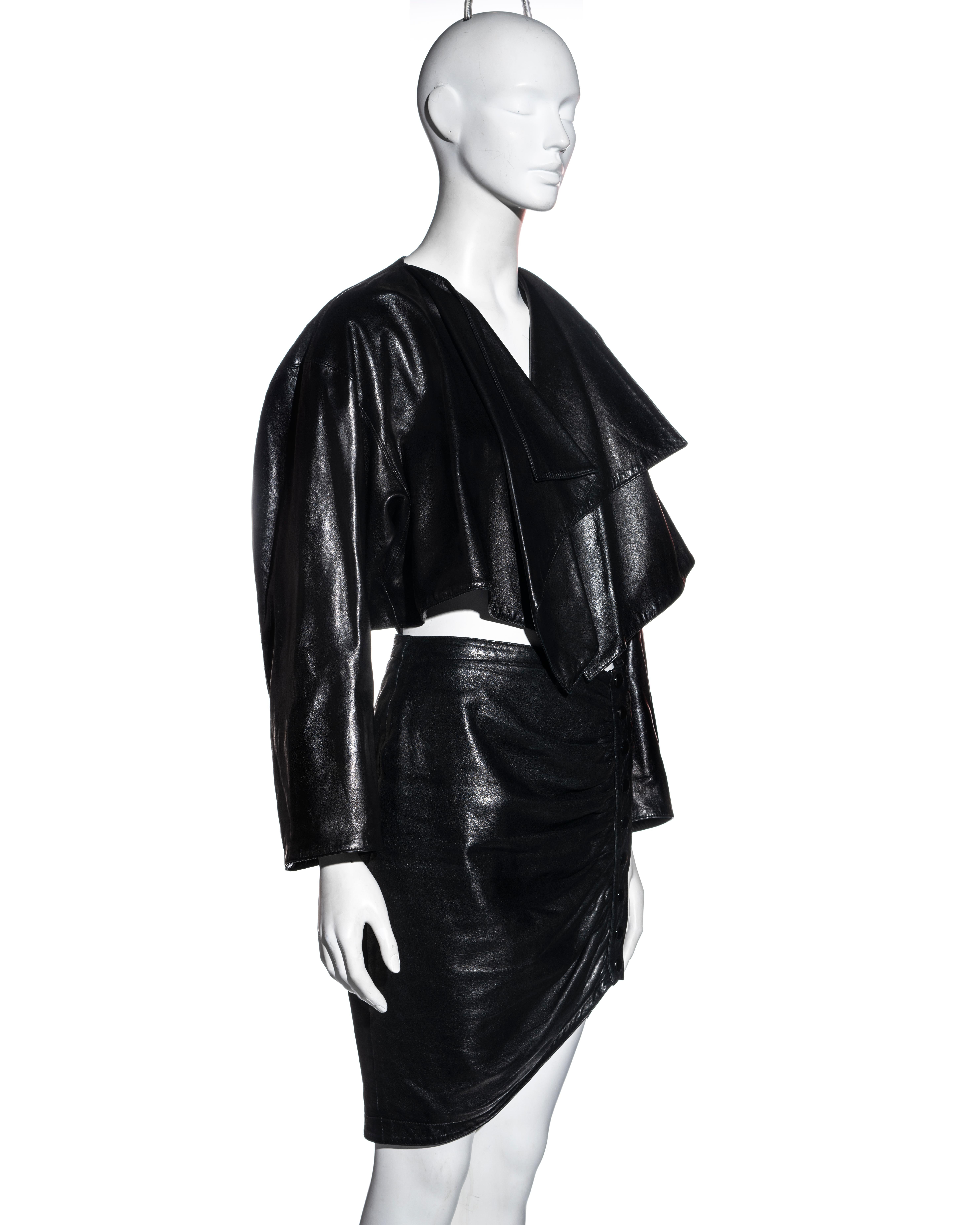 Women's Azzedine Alaia black leather jacket and skirt set, fw 1983 For Sale