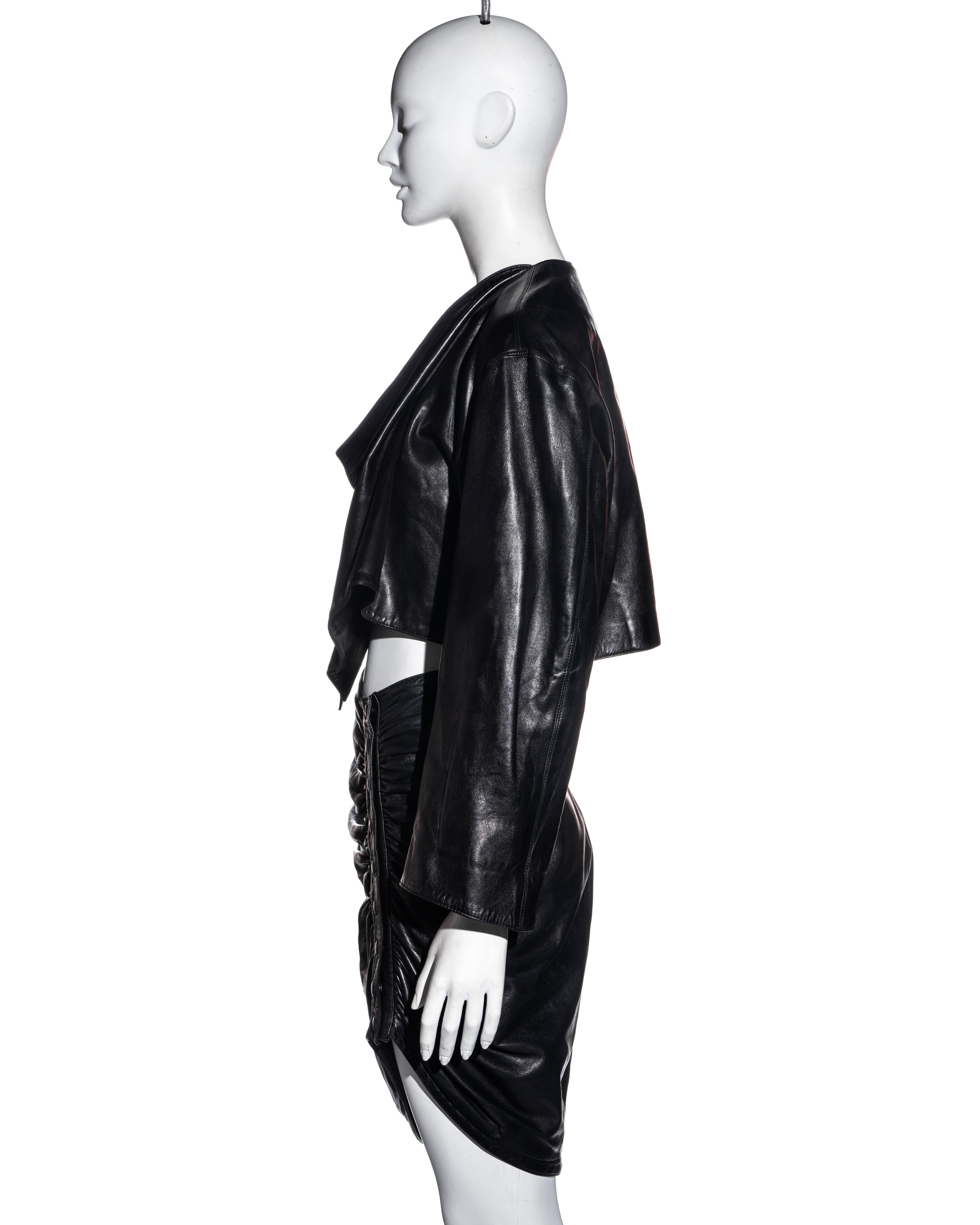 Azzedine Alaia black leather jacket and skirt set, fw 1983 For Sale 1