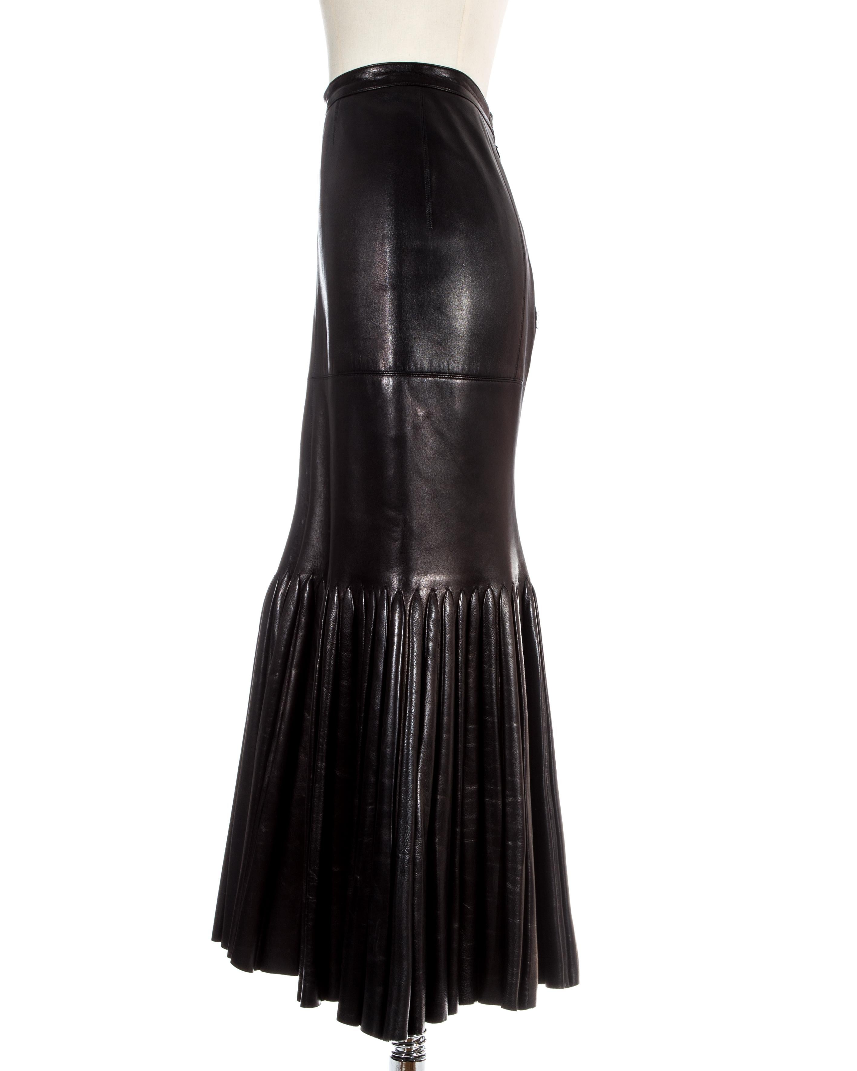 Black Azzedine Alaia black leather skirt with pleated mermaid hem, c. 1999