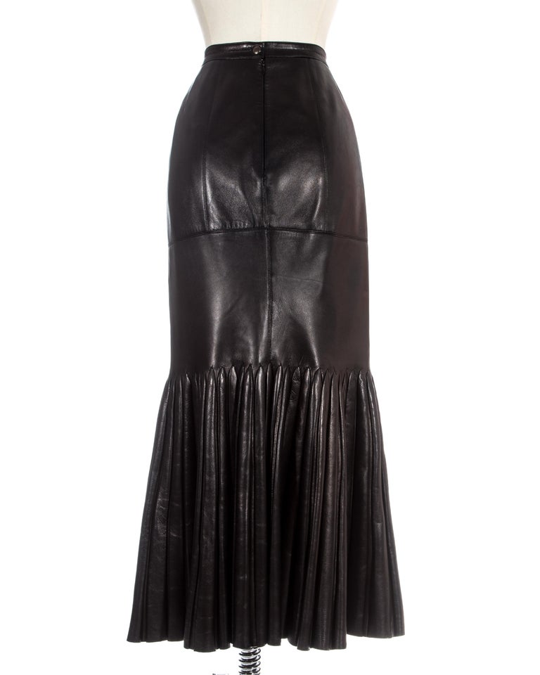 Azzedine Alaia black leather skirt with pleated mermaid hem, c. 1999 at ...
