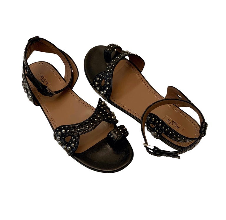 Azzedine Alaïa Black Leather Studs Flat Sandals at 1stDibs