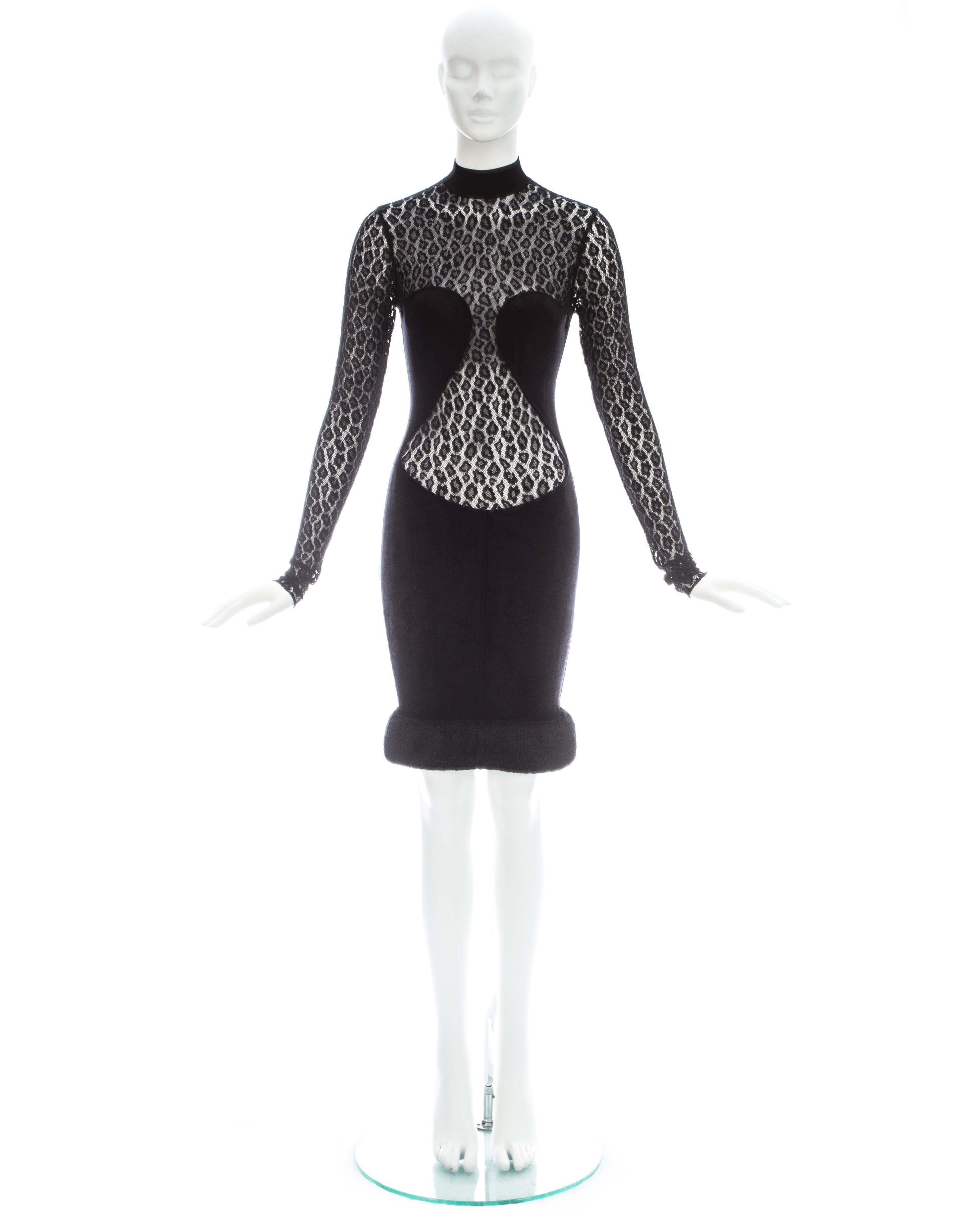 Azzedine Alaia; Black rayon figure hugging dress with leopard lace and large chenille hem 

Fall-Winter 1991