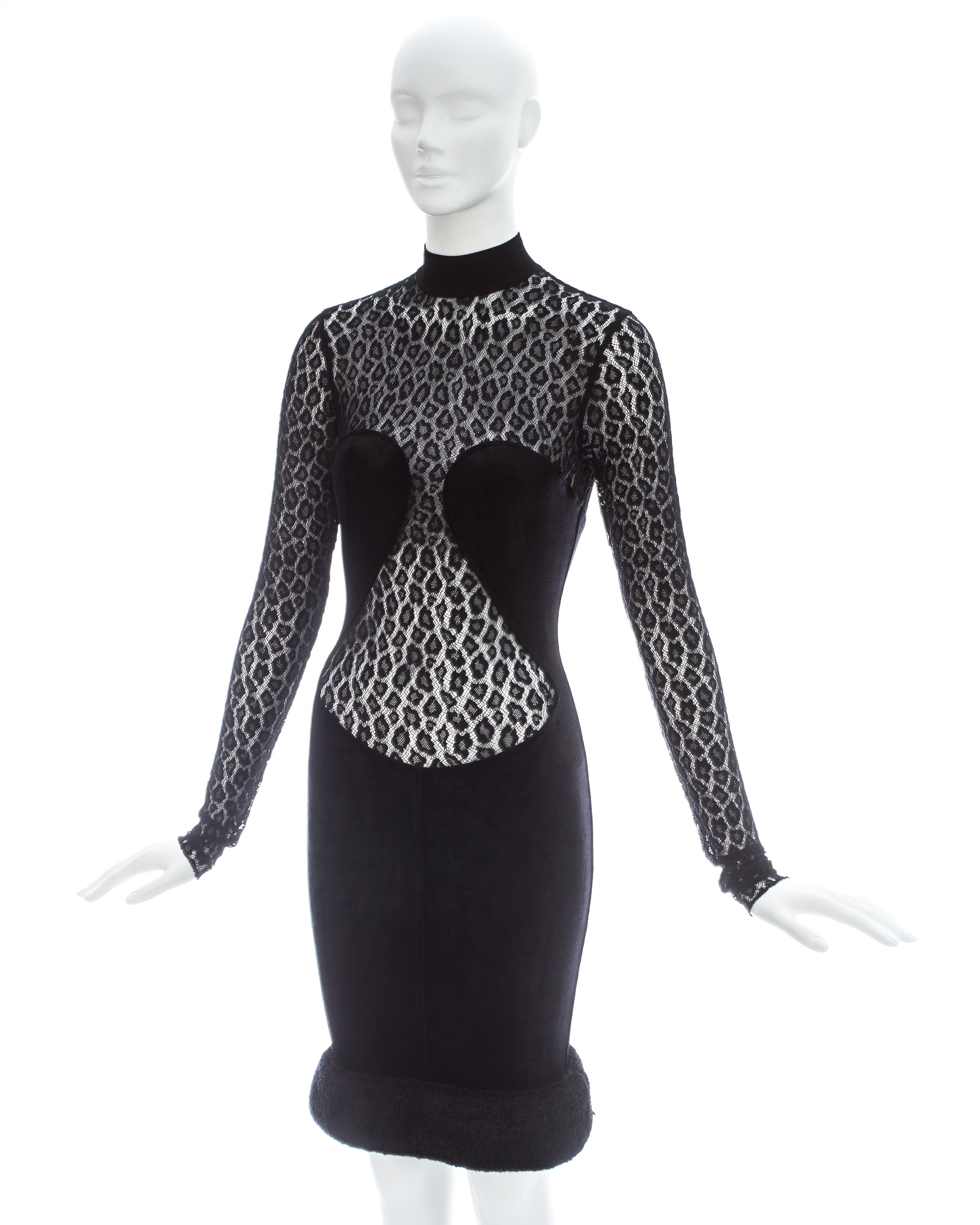 Women's Azzedine Alaia black rayon leopard lace figure hugging dress, ca. 1991