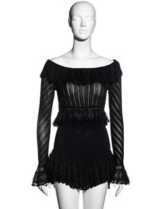 Azzedine Alaia black rayon off-shoulder top and mini shorts set, ss 1992