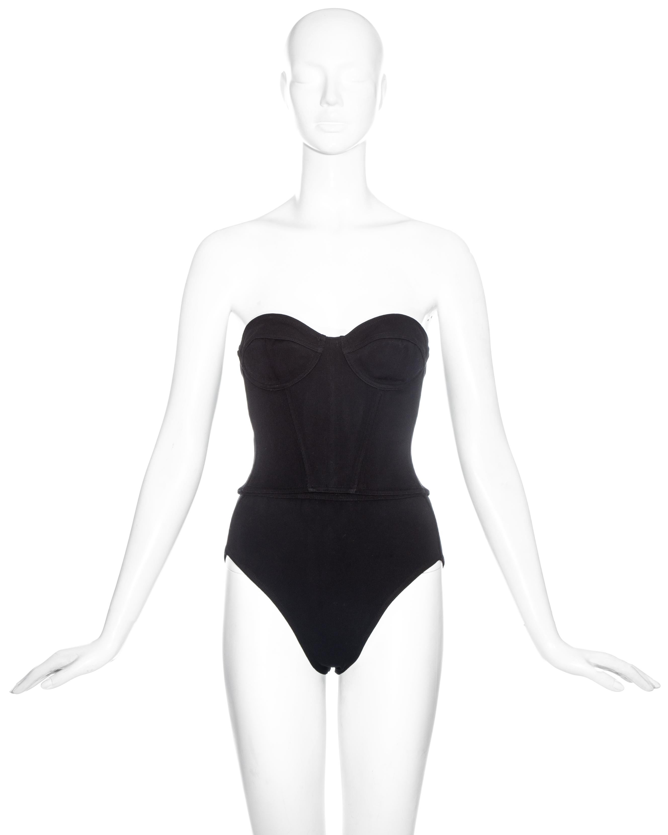 Azzedine Alaia black rayon spandex bustier corset top and high waisted hot pants. Can be worn separately or as a set. 

Spring-Summer 1990