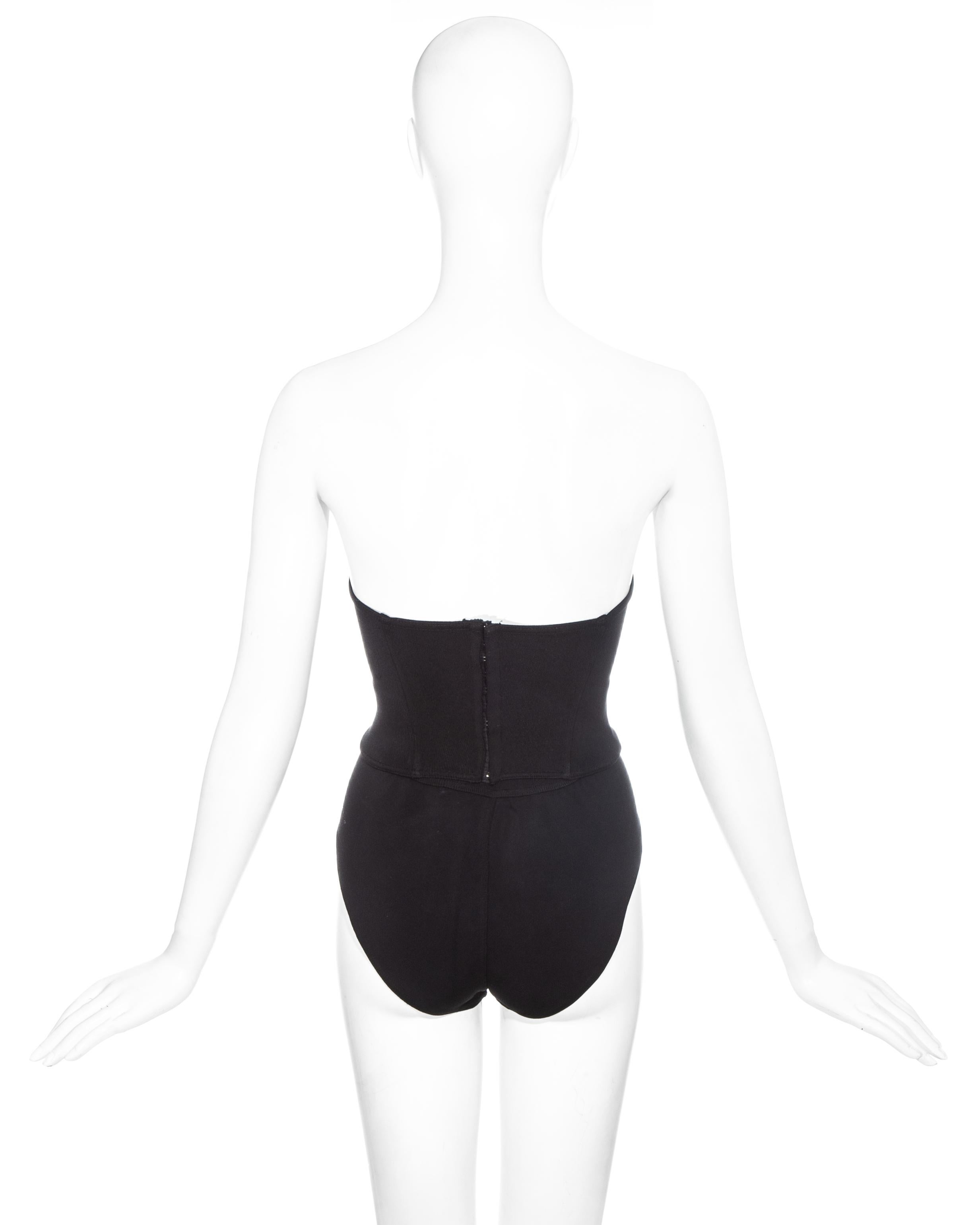 Women's Azzedine Alaia black rayon spandex corset and shorts, ss 1990