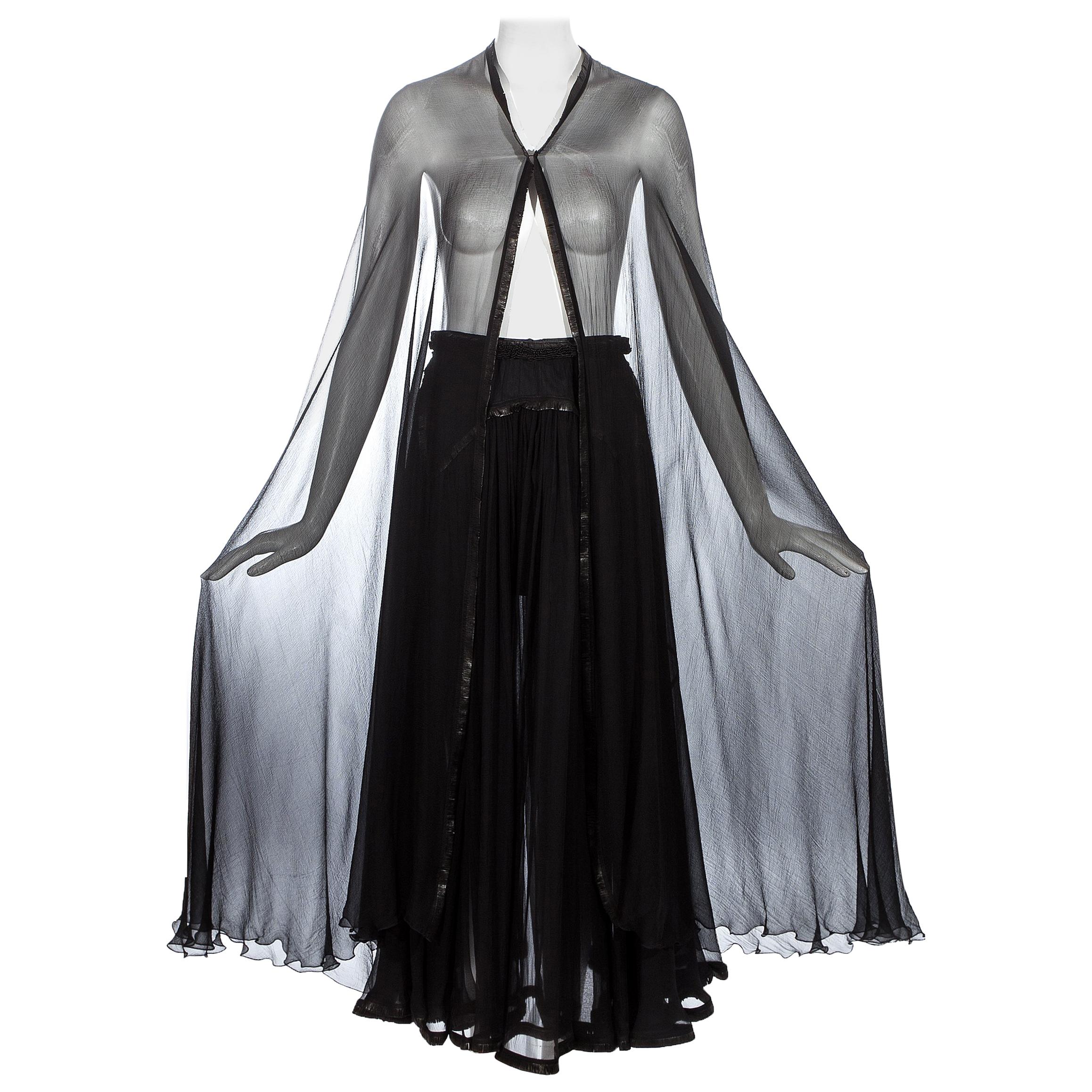 Azzedine Alaia black silk chiffon and leather cape and skirt ensemble, c. 1994