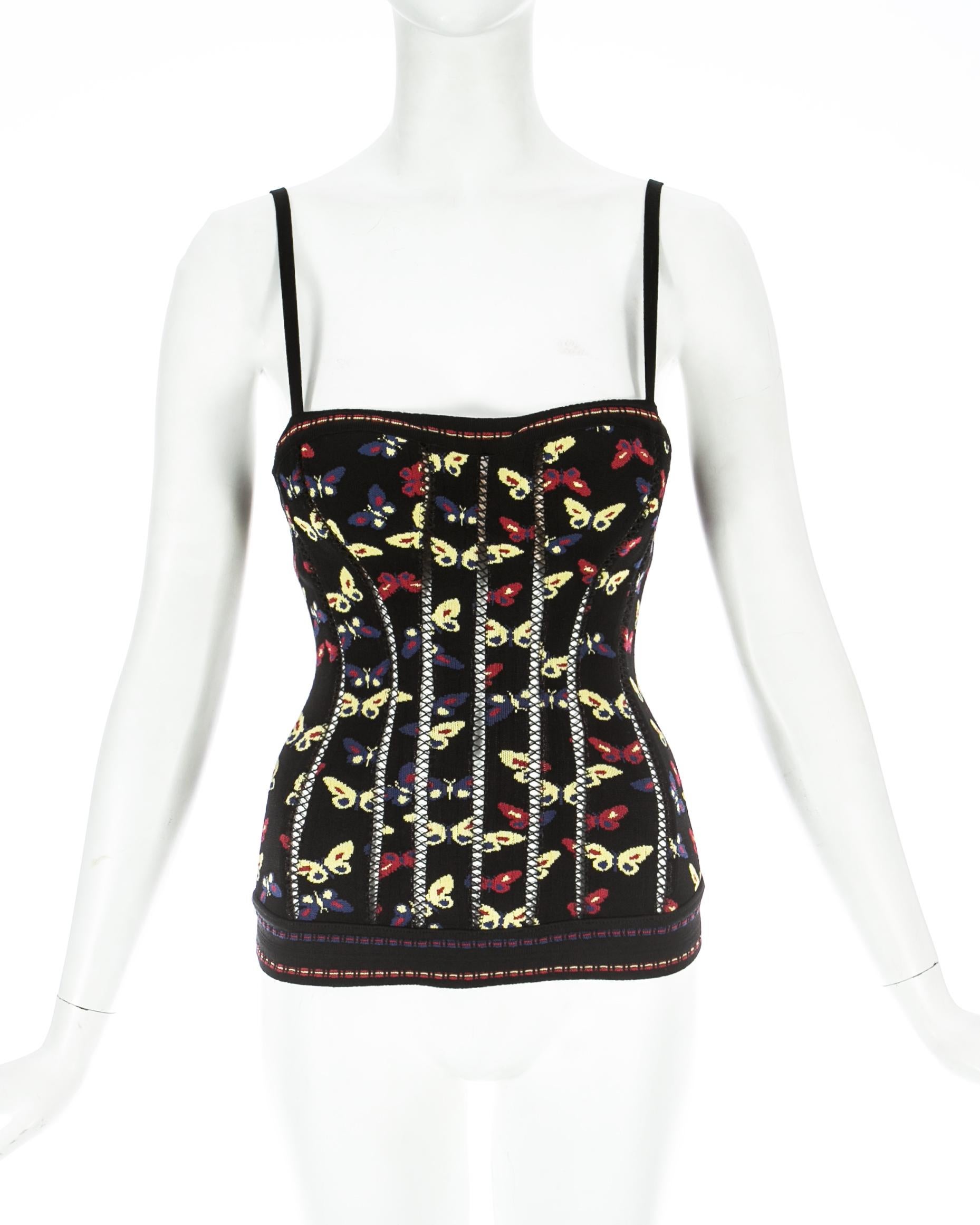 Azzedine Alaia black spandex knit corset with built in bra and butterfly print

Autumn-Winter 1991