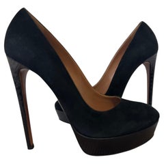 Azzedine Alaïa Black Suede Pumps EU 38.5 Croc Leather Platform Stiletto Rare