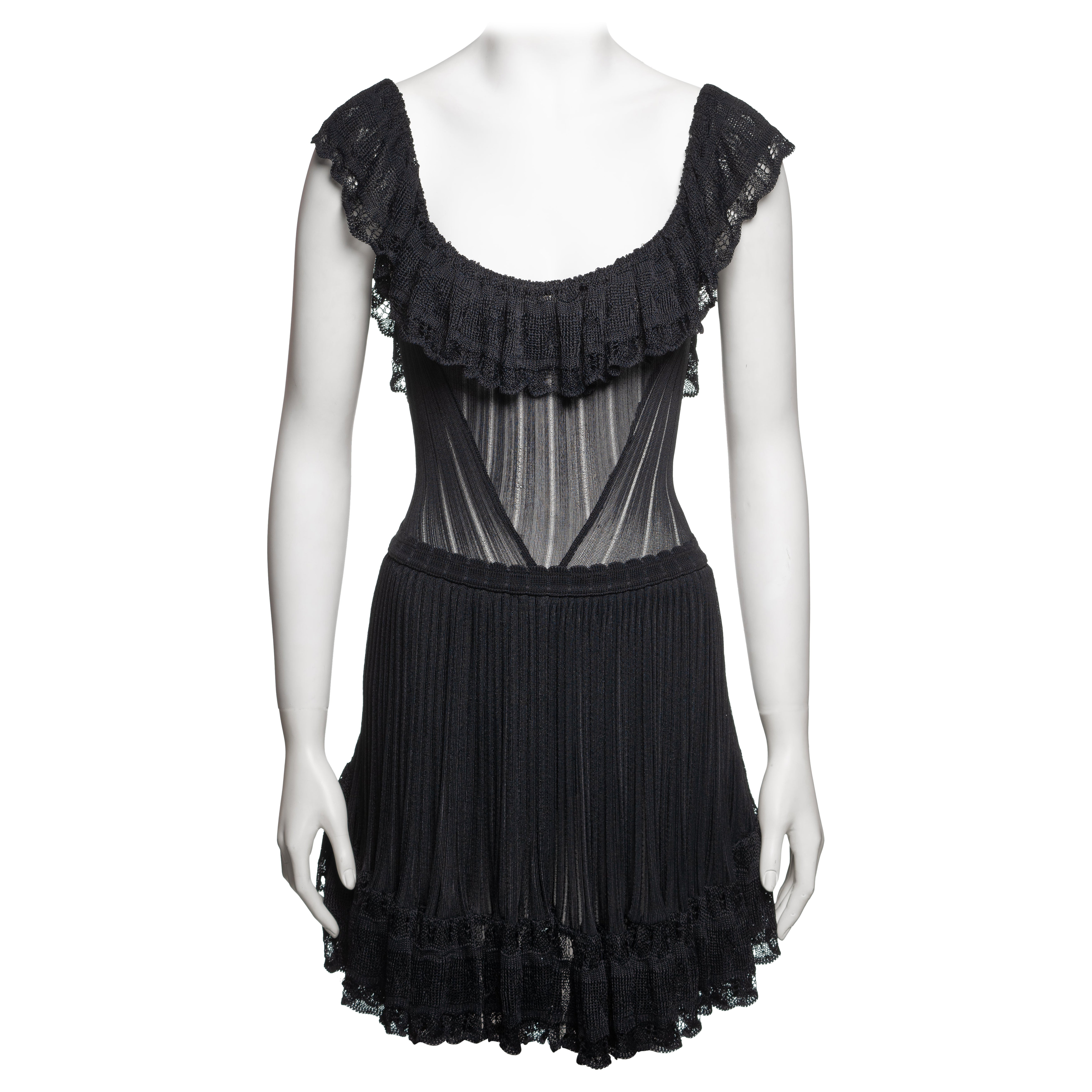 Azzedine Alaïa - Vestito in pizzo e maglia di viscosa nera con body integrato, SS 1992
