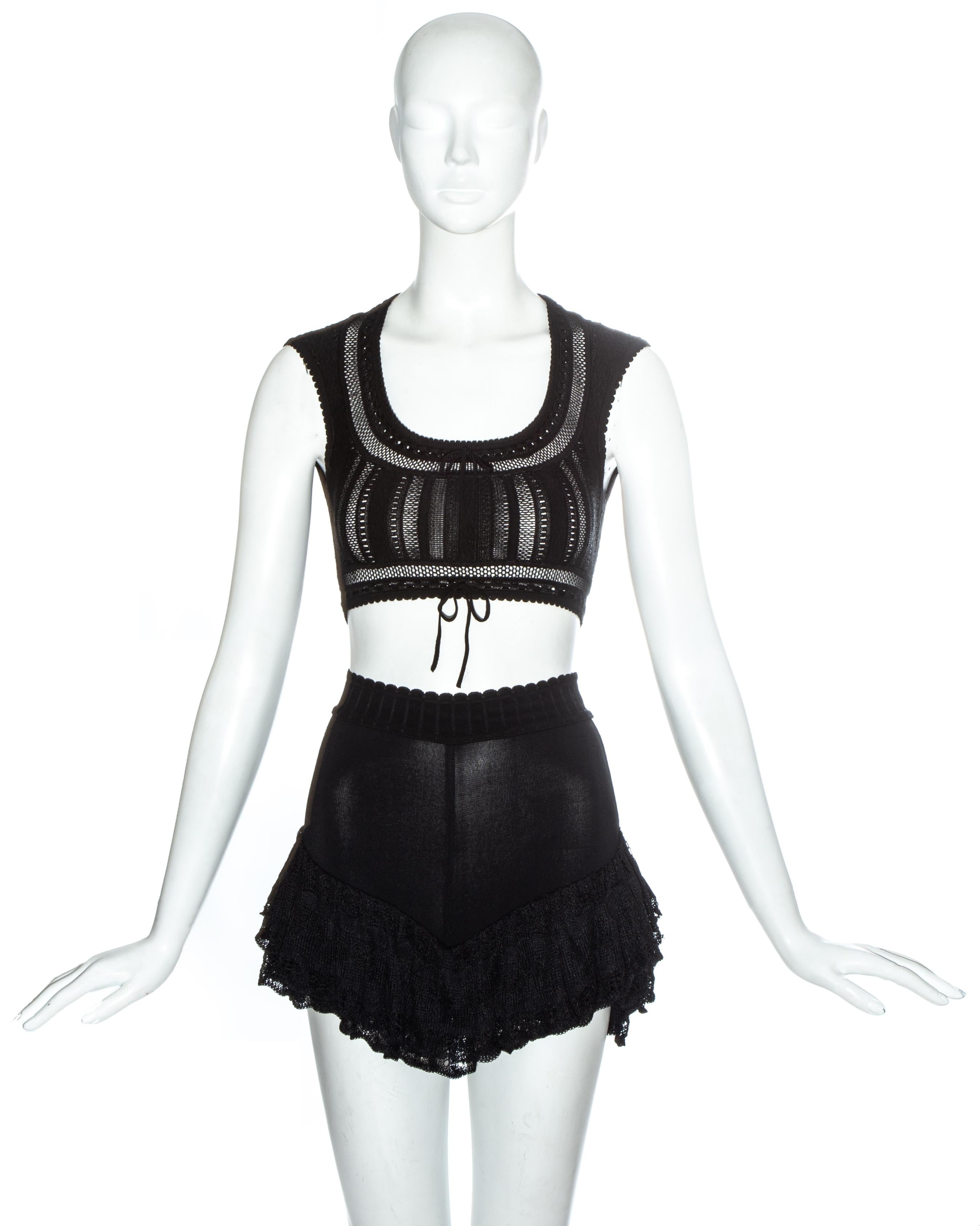 Azzedine Alaia black viscose knitted ruffled mini shorts and crop top with drawstring fastening

Spring-Summer 1993
