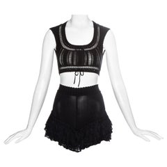Azzedine Alaia black viscose knitted ruffled shorts and crop top set, ss 1992