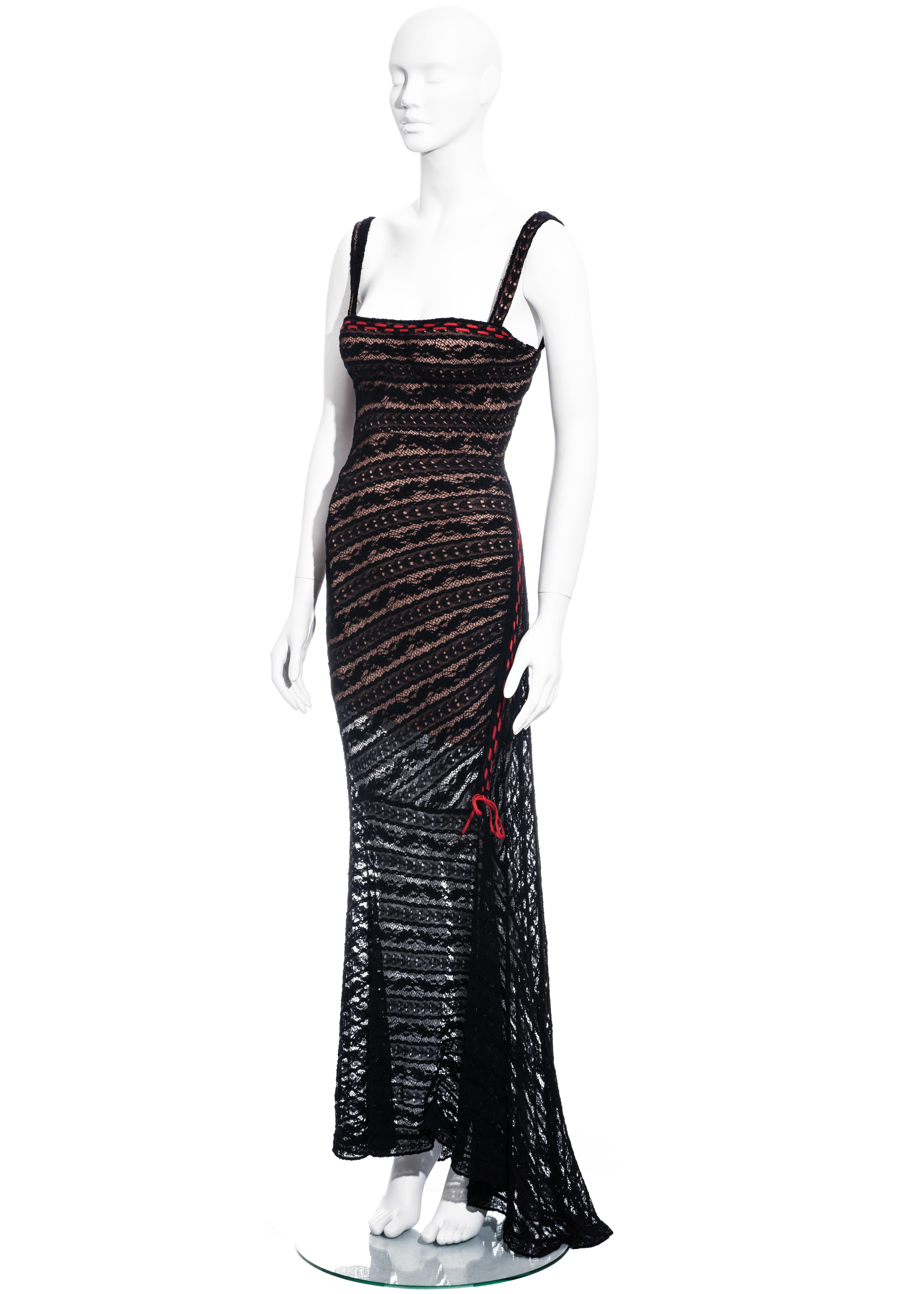 ▪ Azzedine Alaia black patterned lace evening dress
▪ 85% Viscose, 10% Nylon, 5% Cotton
▪ Built-in underwired padded bra 
▪ Nude underdress 
▪ Red string detail 
▪ FR 36 - UK 8 - US 4
▪ Fall-Winter 1993 