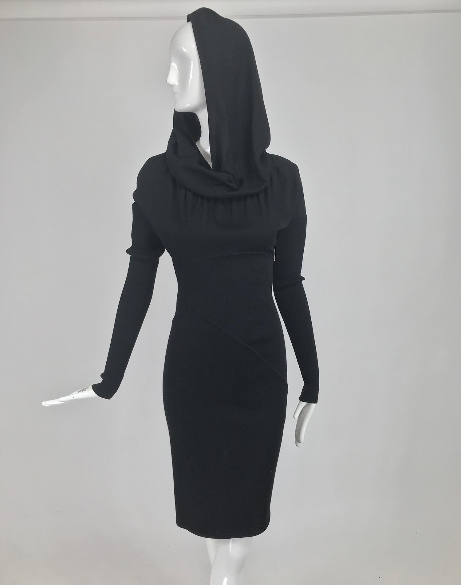 Azzedine Alaïa Black Wool Knit Hooded Body Con Dress 1980s 3