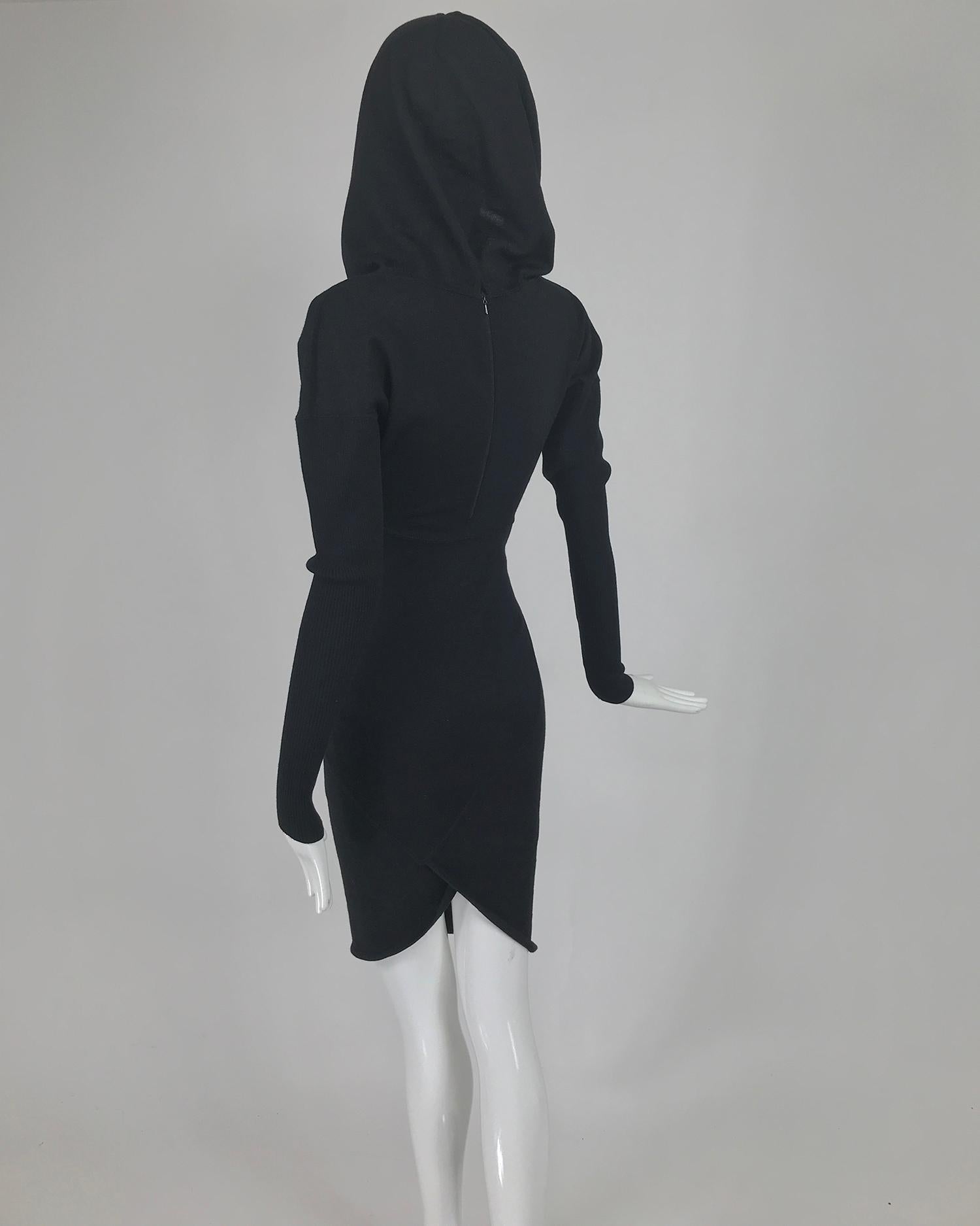 Azzedine Alaïa Black Wool Knit Hooded Body Con Dress 1980s In Good Condition In West Palm Beach, FL
