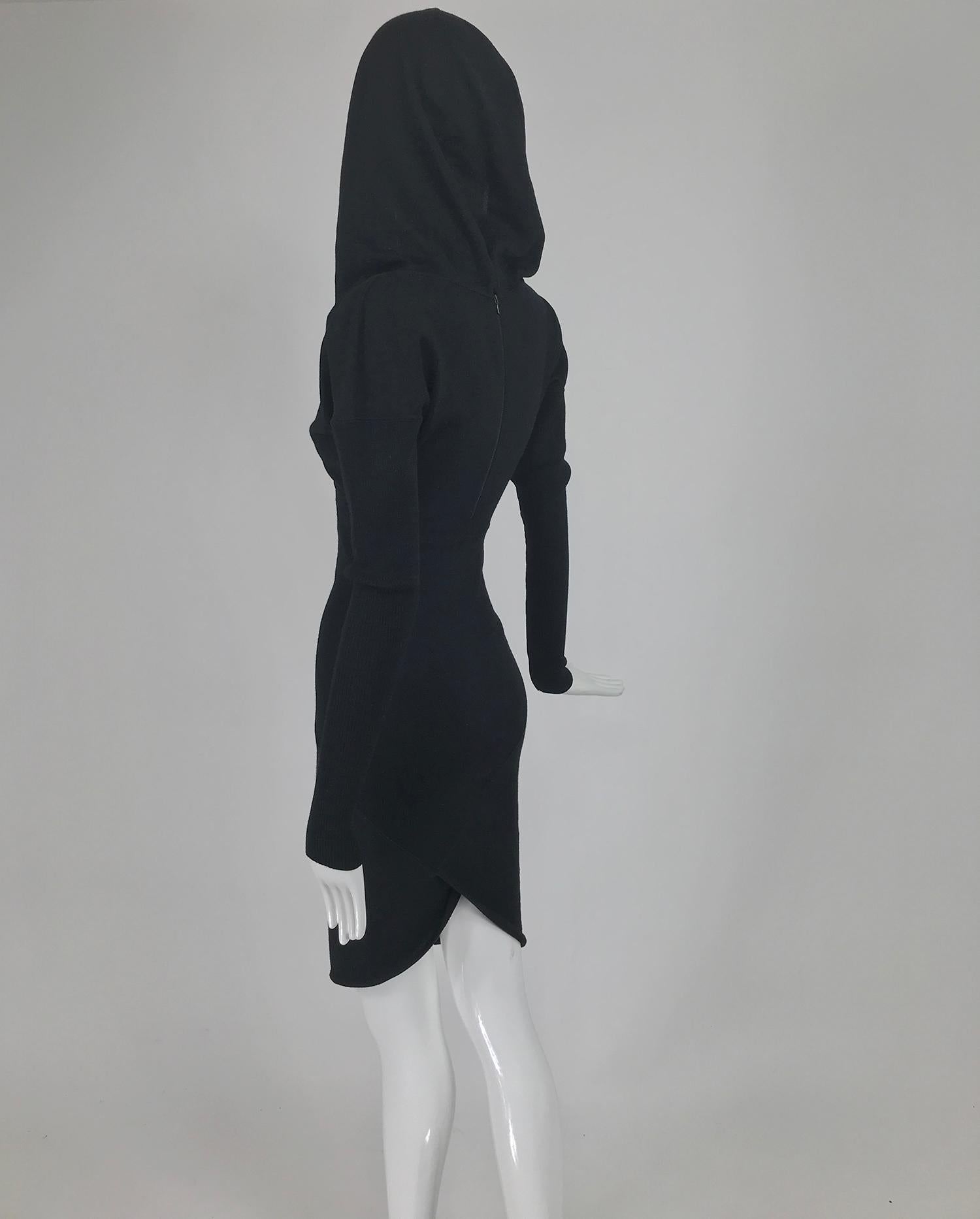 Women's Azzedine Alaïa Black Wool Knit Hooded Body Con Dress 1980s