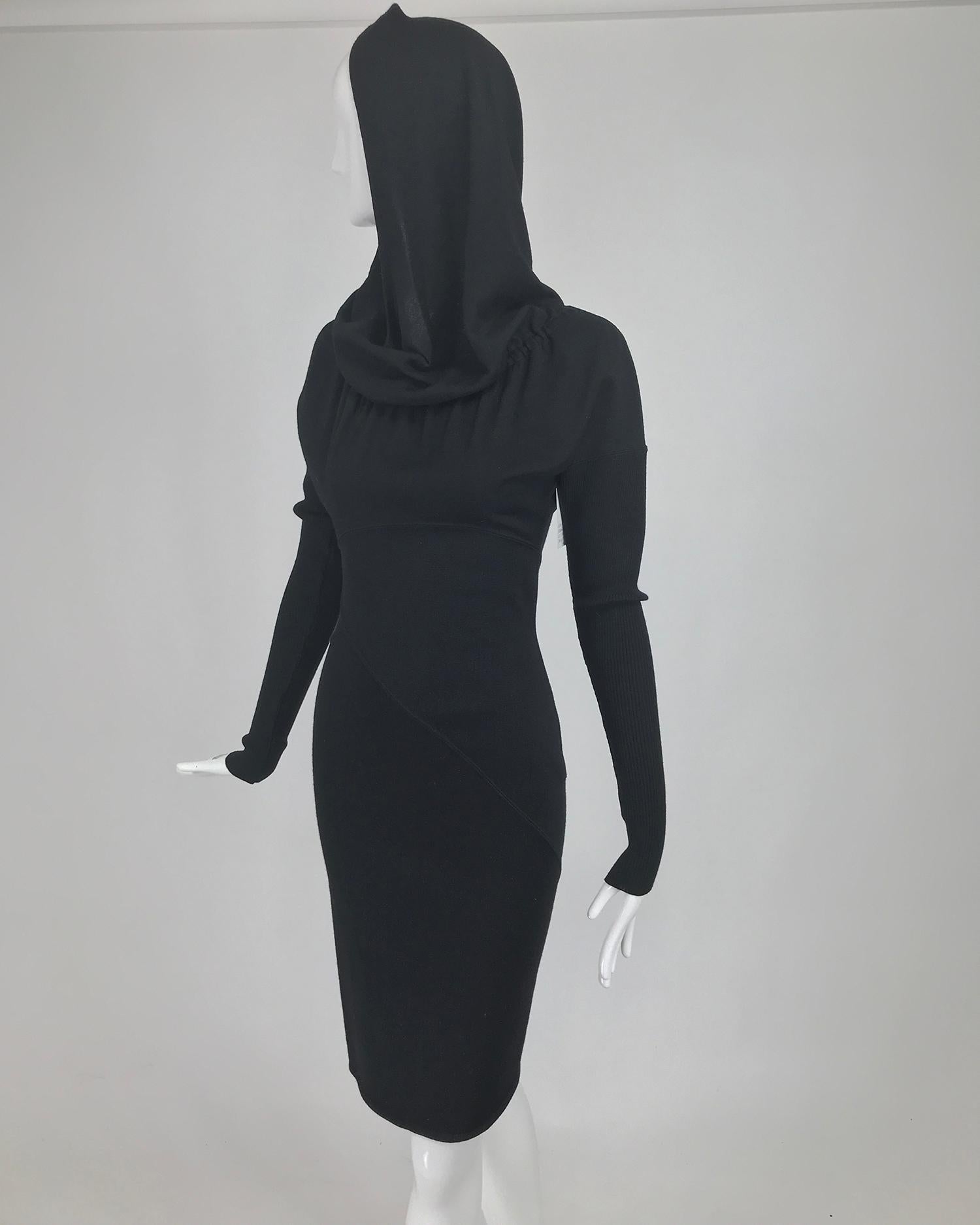 Azzedine Alaïa Black Wool Knit Hooded Body Con Dress 1980s 2