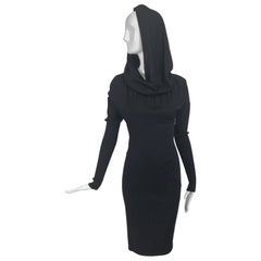 Azzedine Alaïa Black Wool Knit Hooded Body Con Dress 1980s