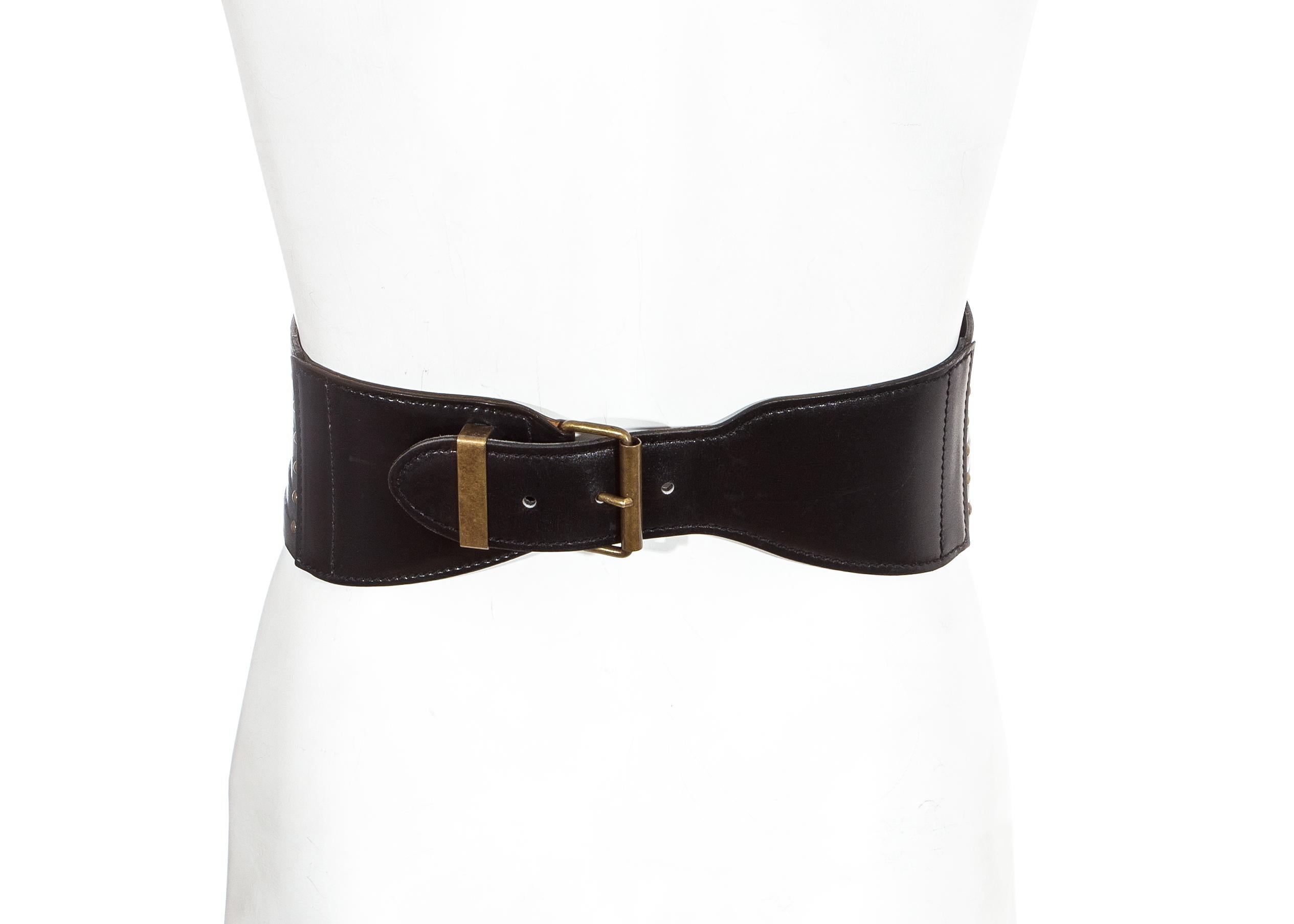 Black Azzedine Alaia blak leather 7 strand corset belt with gold hardware, ss 1986