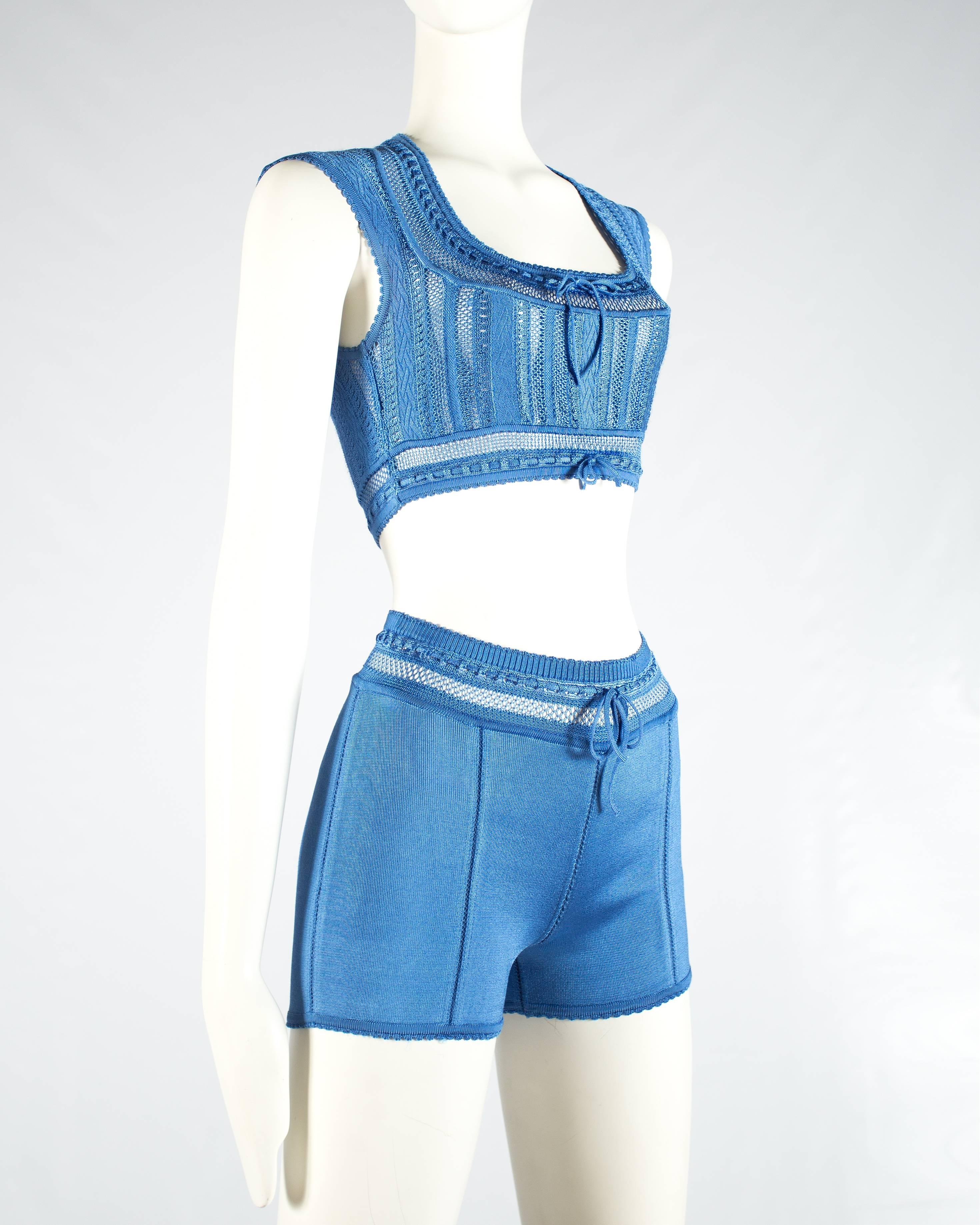 Azzedine Alaia blue acetate knitted high waisted shorts and bra top, ss 1993 In Excellent Condition In London, GB