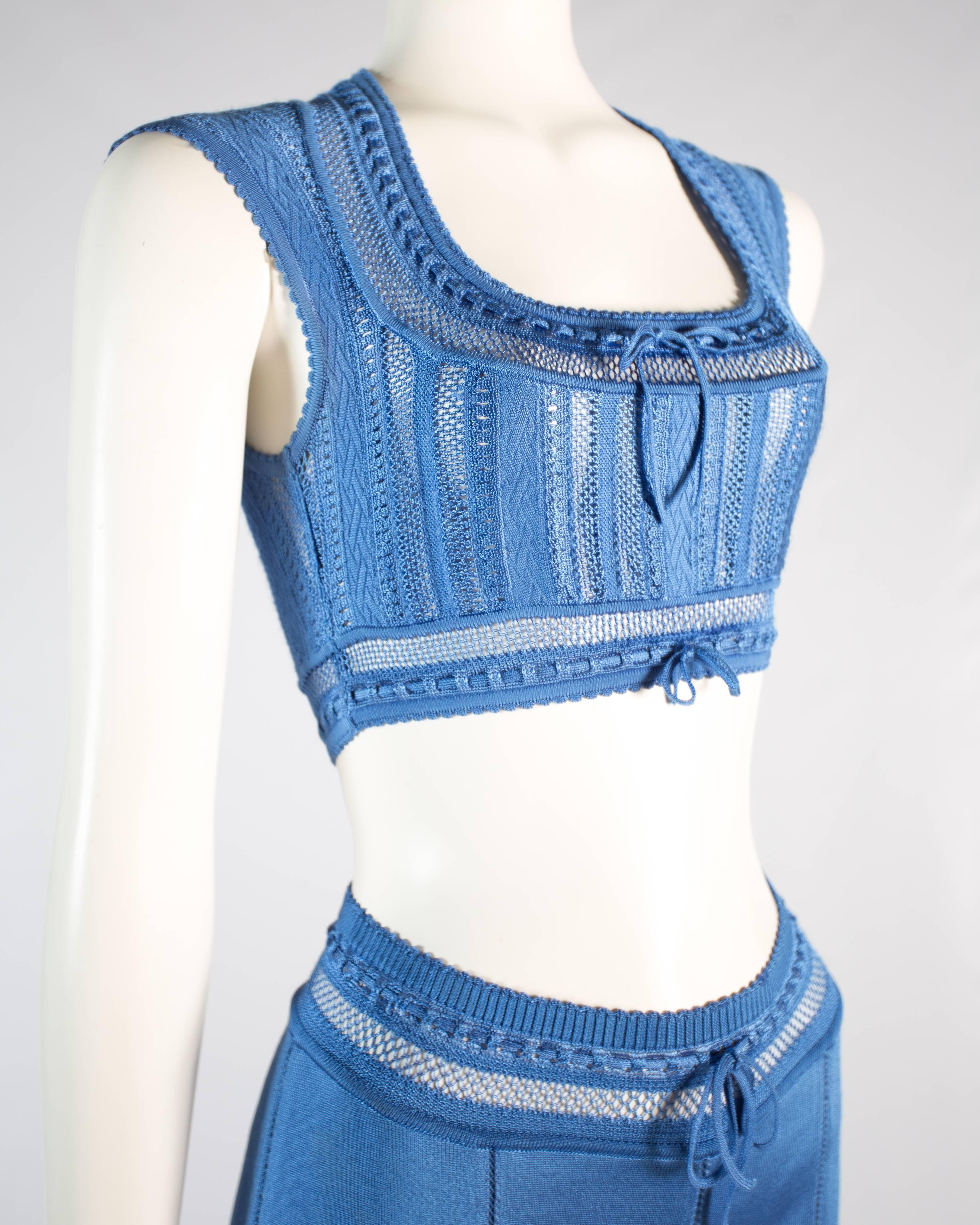 Women's Azzedine Alaia blue acetate knitted high waisted shorts and bra top, ss 1993