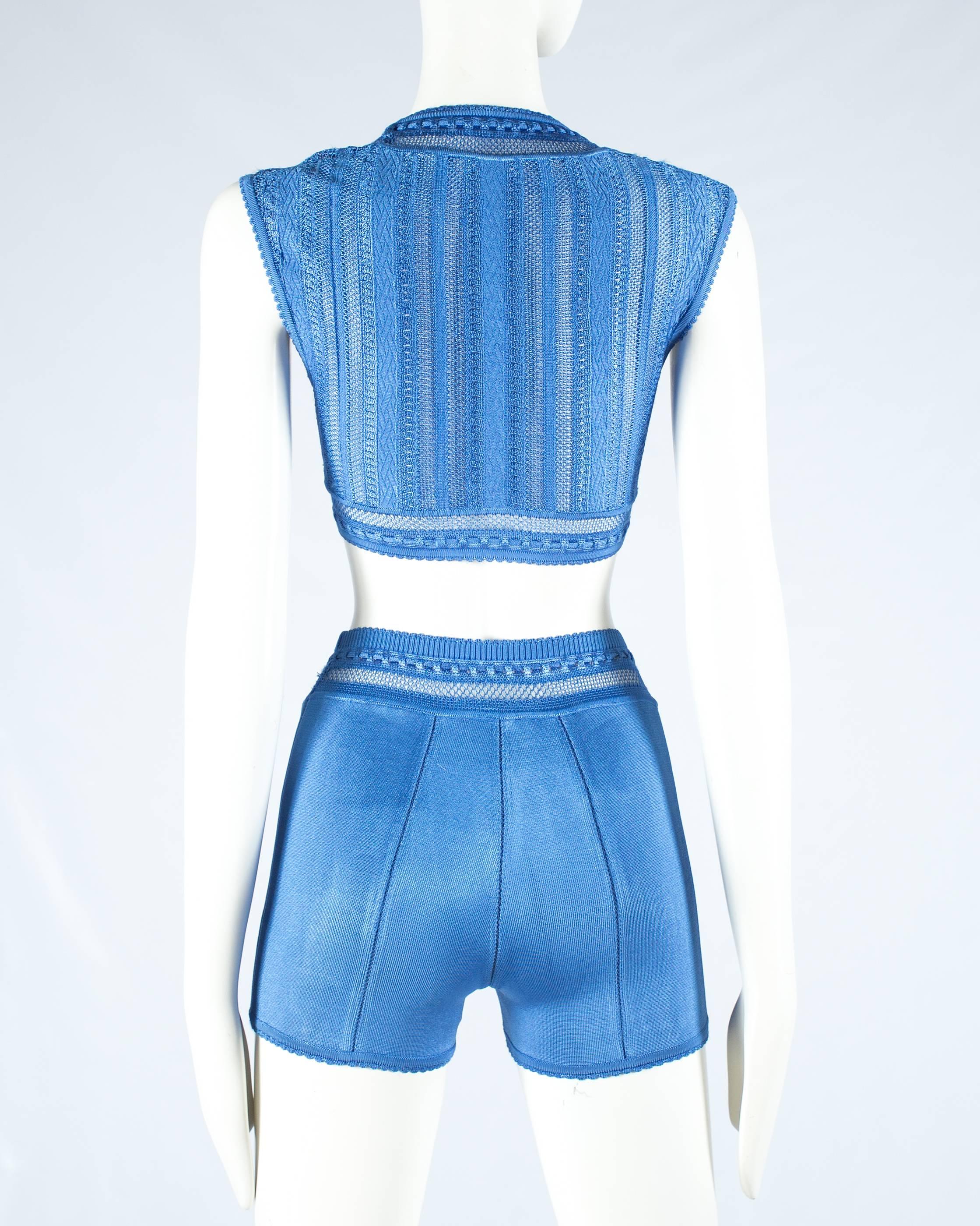 Azzedine Alaia blue acetate knitted high waisted shorts and bra top, ss 1993 1