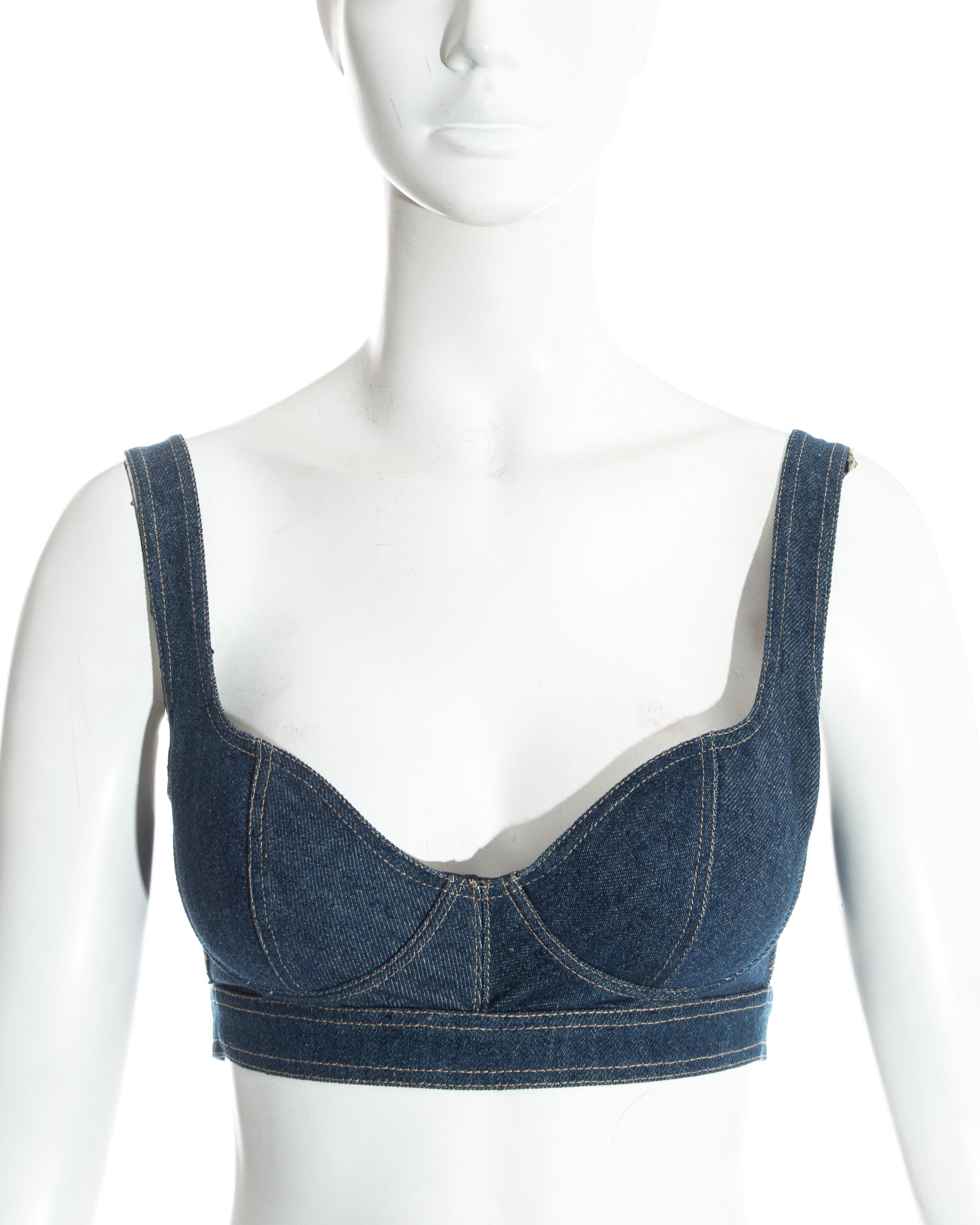 Azzedine Alaia blue denim padded bra with contrast stitch and 2 back straps with buckle fastenings.

Spring-Summer 1991