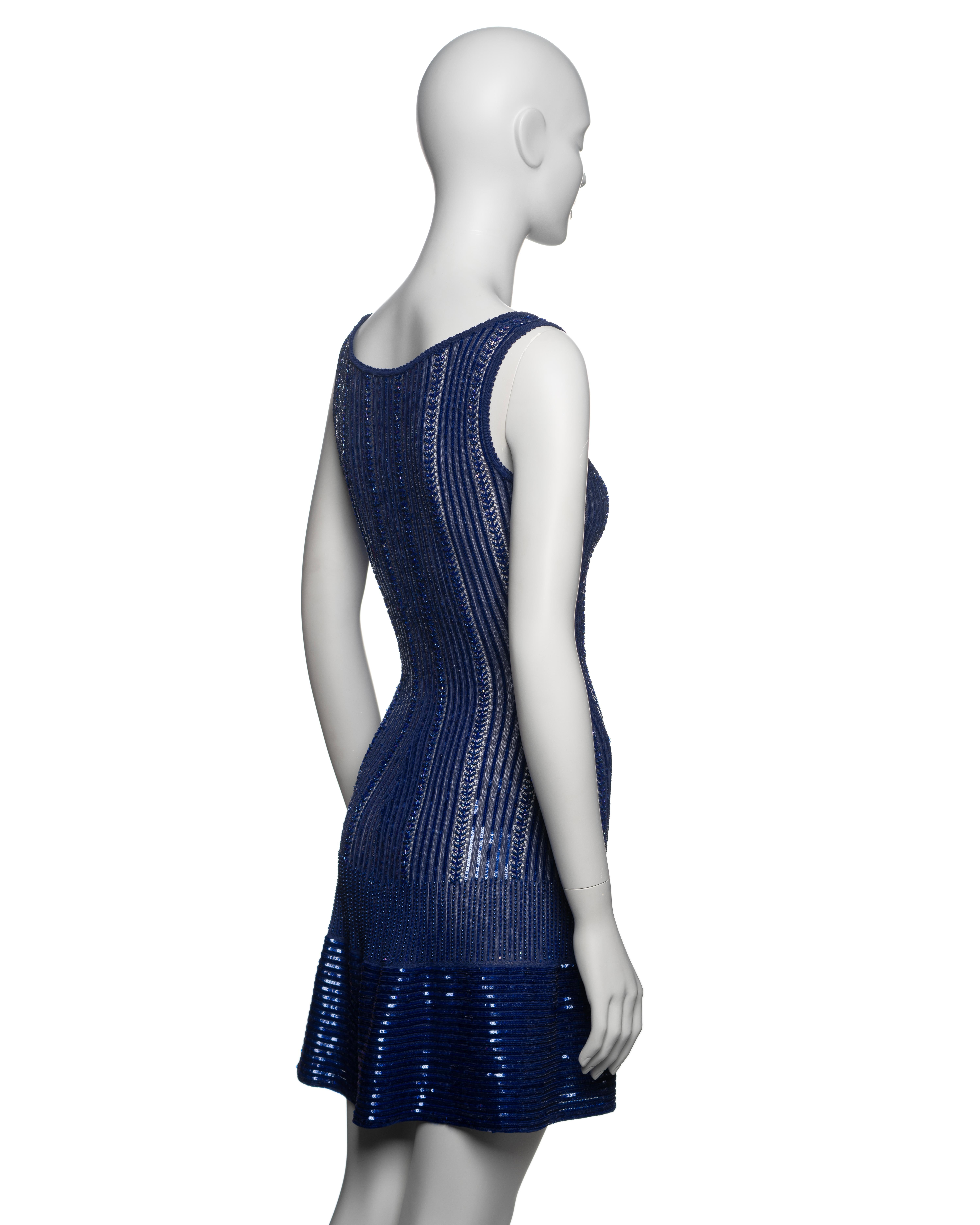 Azzedine Alaia Blue Lace Rib Knit Embellished Mini Dress and Cardigan, SS 1996 For Sale 6