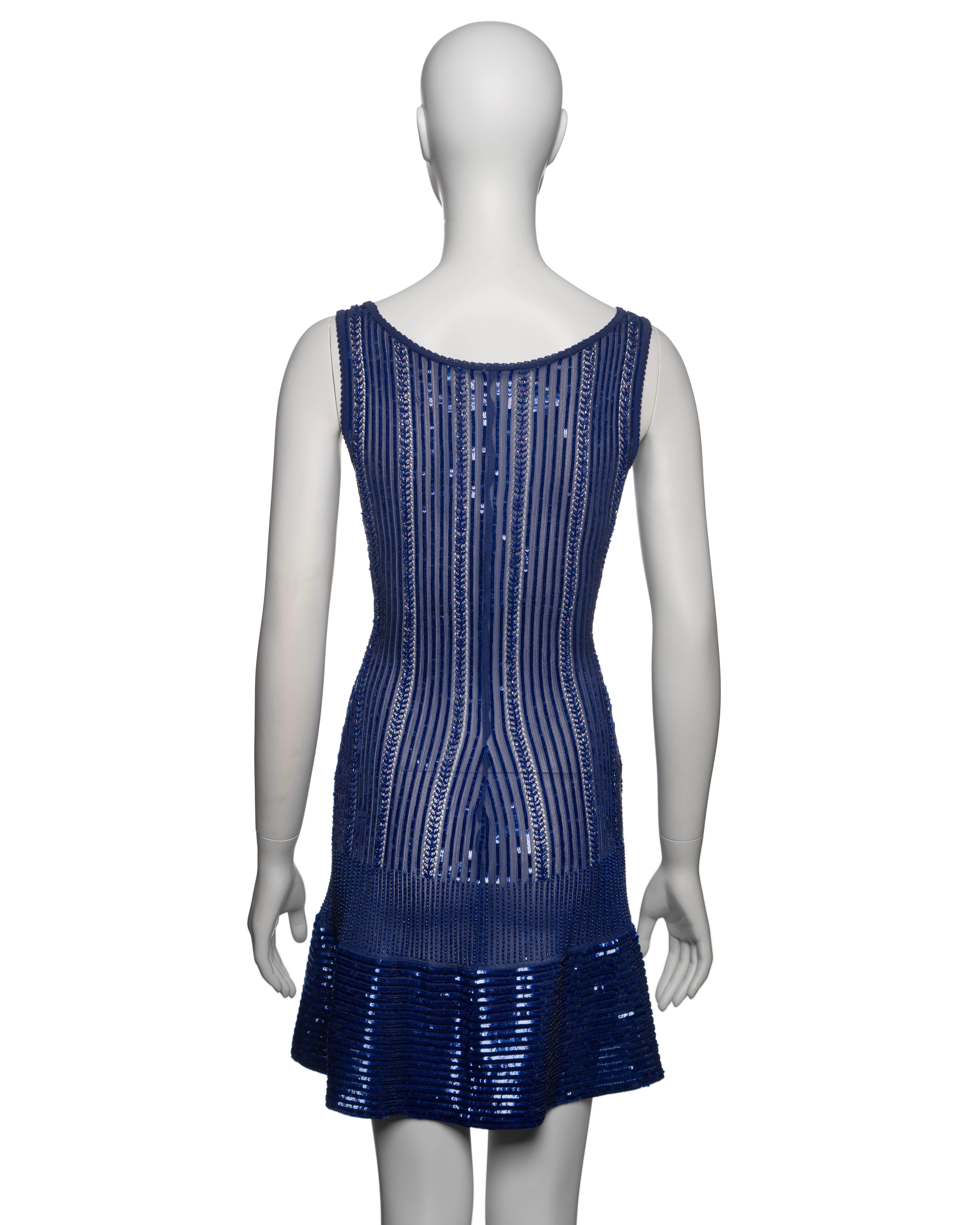 Azzedine Alaia Blue Lace Rib Knit Embellished Mini Dress and Cardigan, SS 1996 For Sale 7