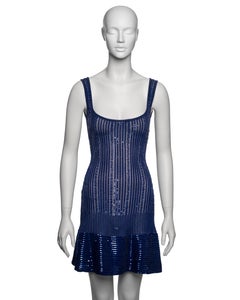 Azzedine Alaia Blue Lace Rib Knit Embellished Mini Dress and Cardigan, SS 1996