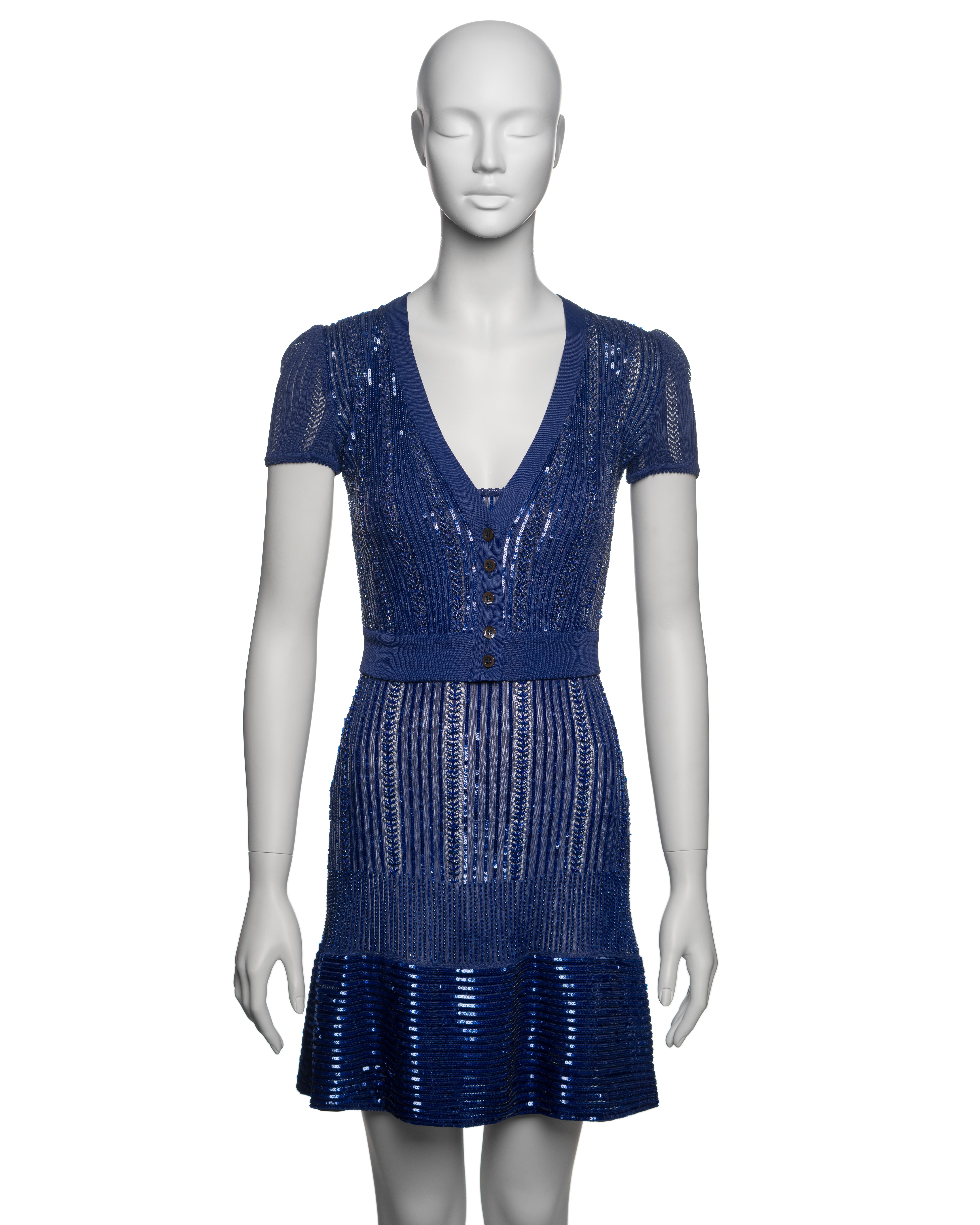 Azzedine Alaia Blue Lace Rib Knit Embellished Mini Dress and Cardigan, SS 1996 In Excellent Condition For Sale In London, GB
