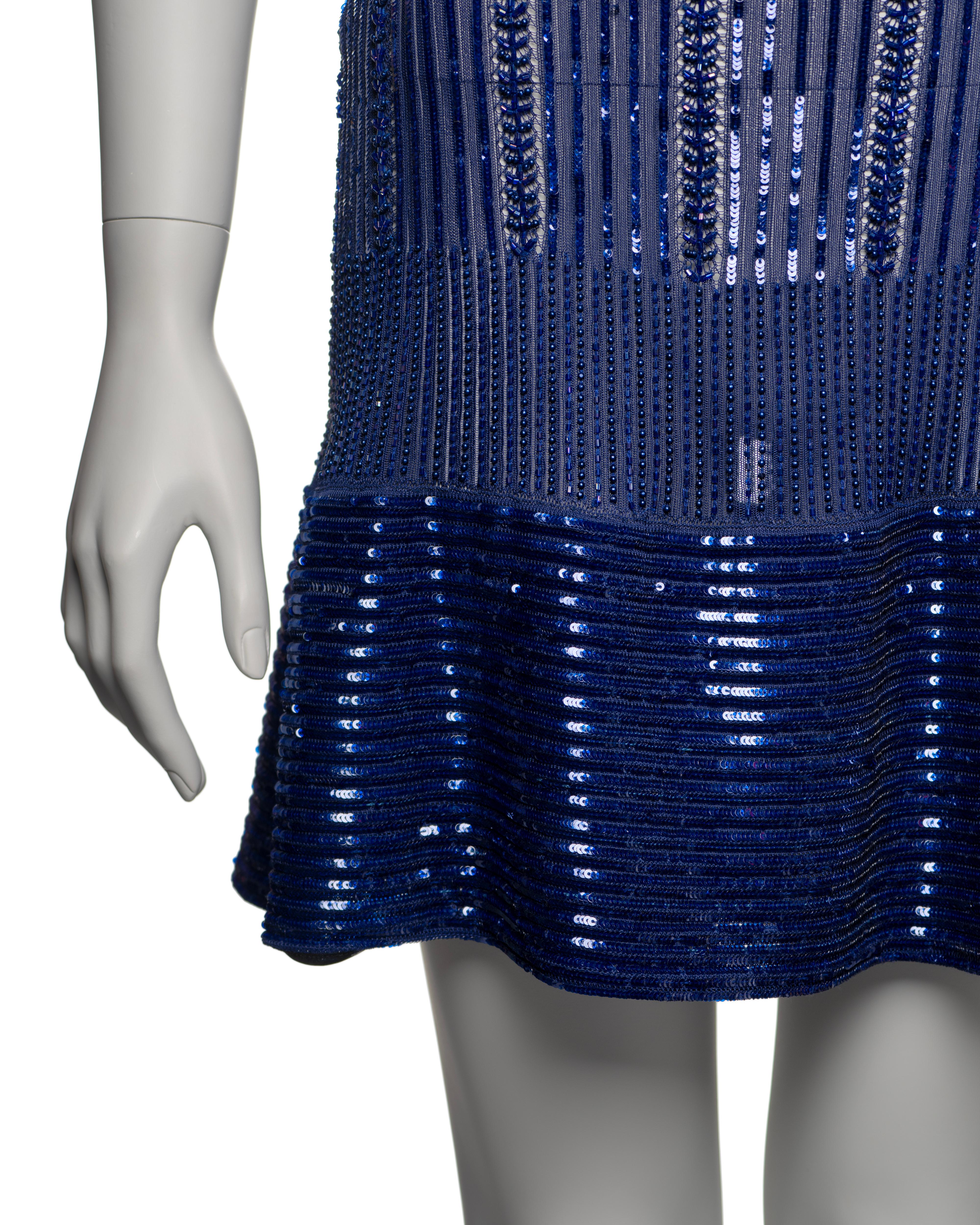 Women's Azzedine Alaia Blue Lace Rib Knit Embellished Mini Dress and Cardigan, SS 1996 For Sale