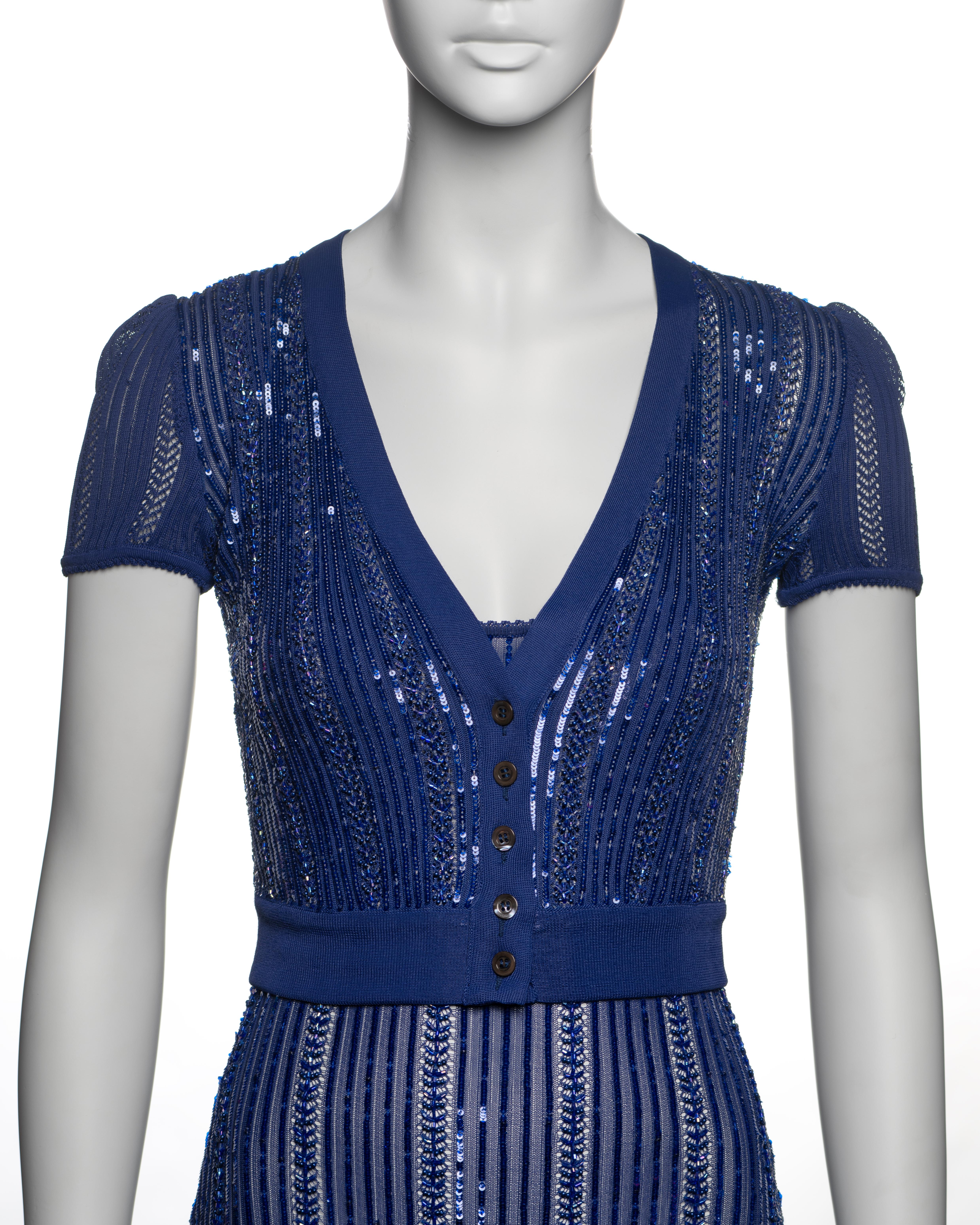 Azzedine Alaia Blue Lace Rib Knit Embellished Mini Dress and Cardigan, SS 1996 For Sale 2