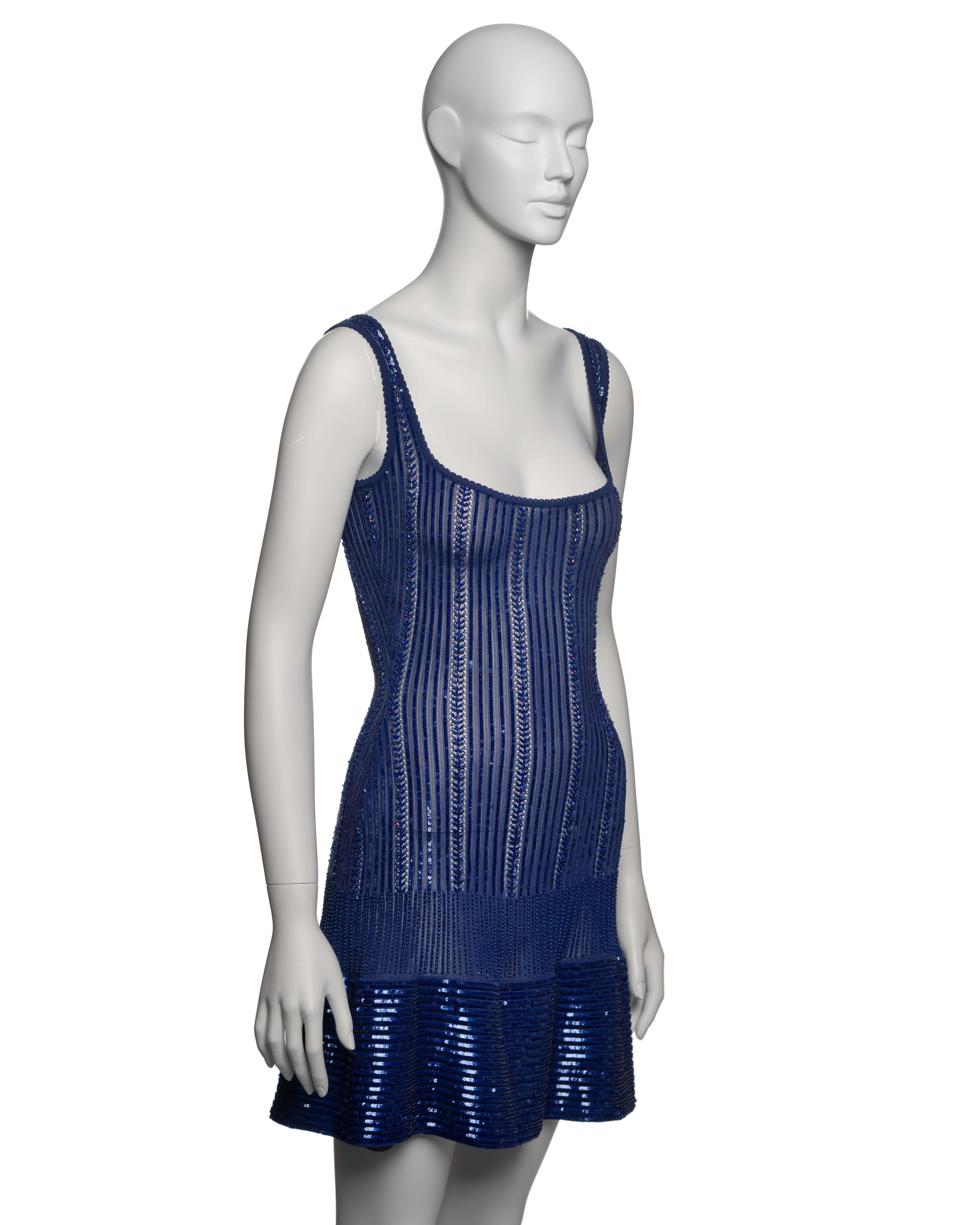 Azzedine Alaia Blue Lace Rib Knit Embellished Mini Dress and Cardigan, SS 1996 For Sale 3