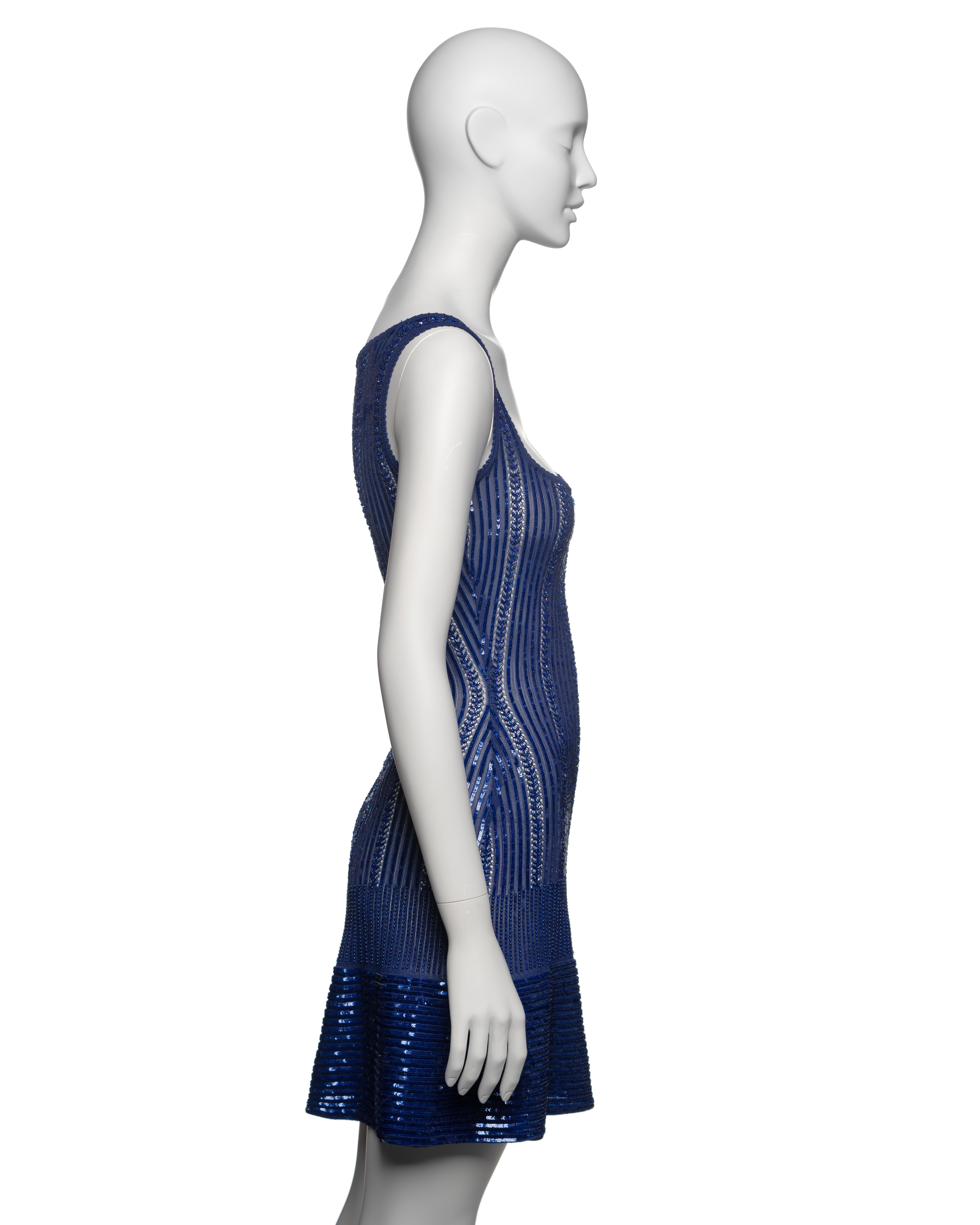 Azzedine Alaia Blue Lace Rib Knit Embellished Mini Dress and Cardigan, SS 1996 For Sale 4
