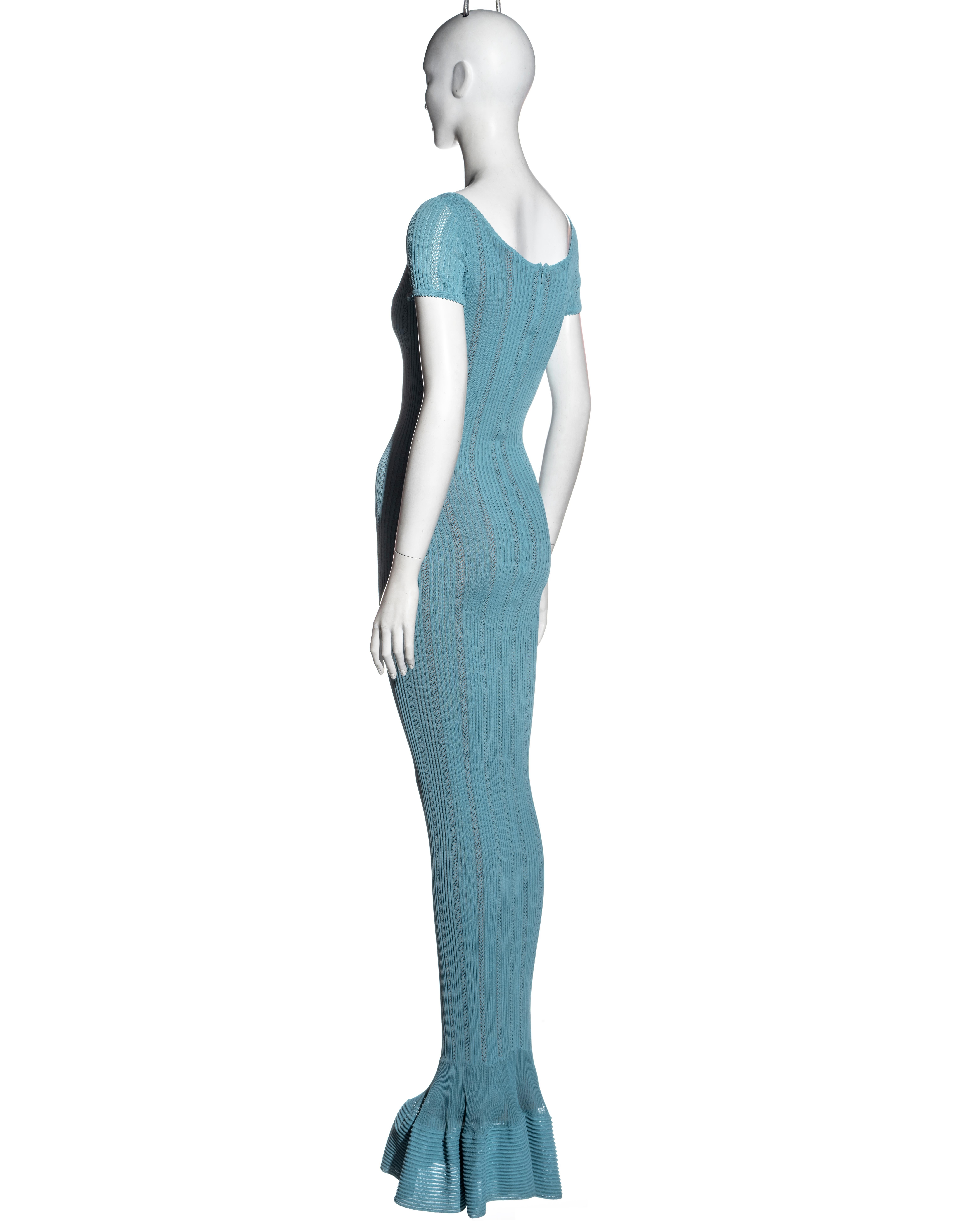 Azzedine Alaia blue open-knit floor-length fishtail dress, ss 1996 2