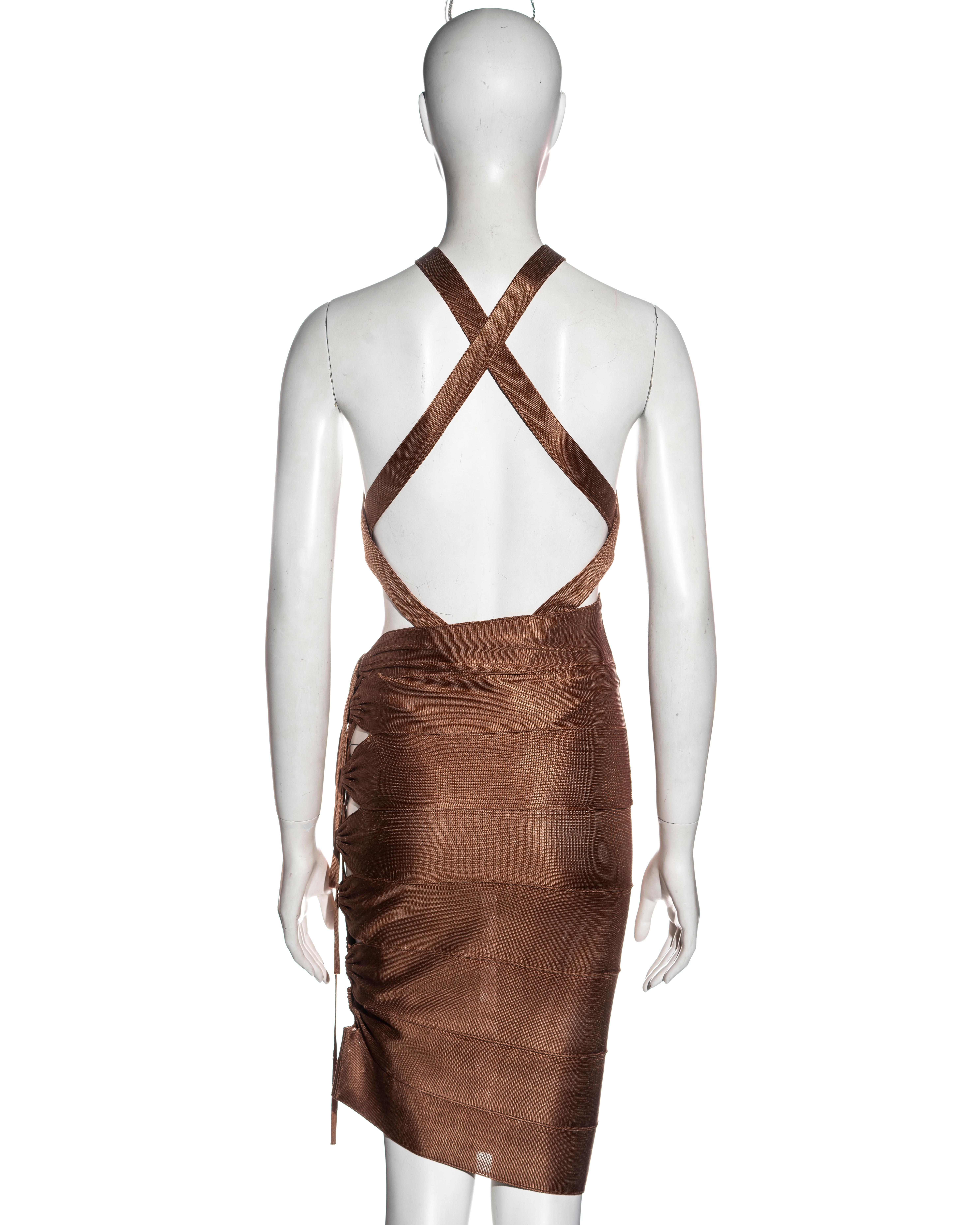 Azzedine Alaia bronze acetate knit bandage skirt and bodysuit set, ss 1986 For Sale 3