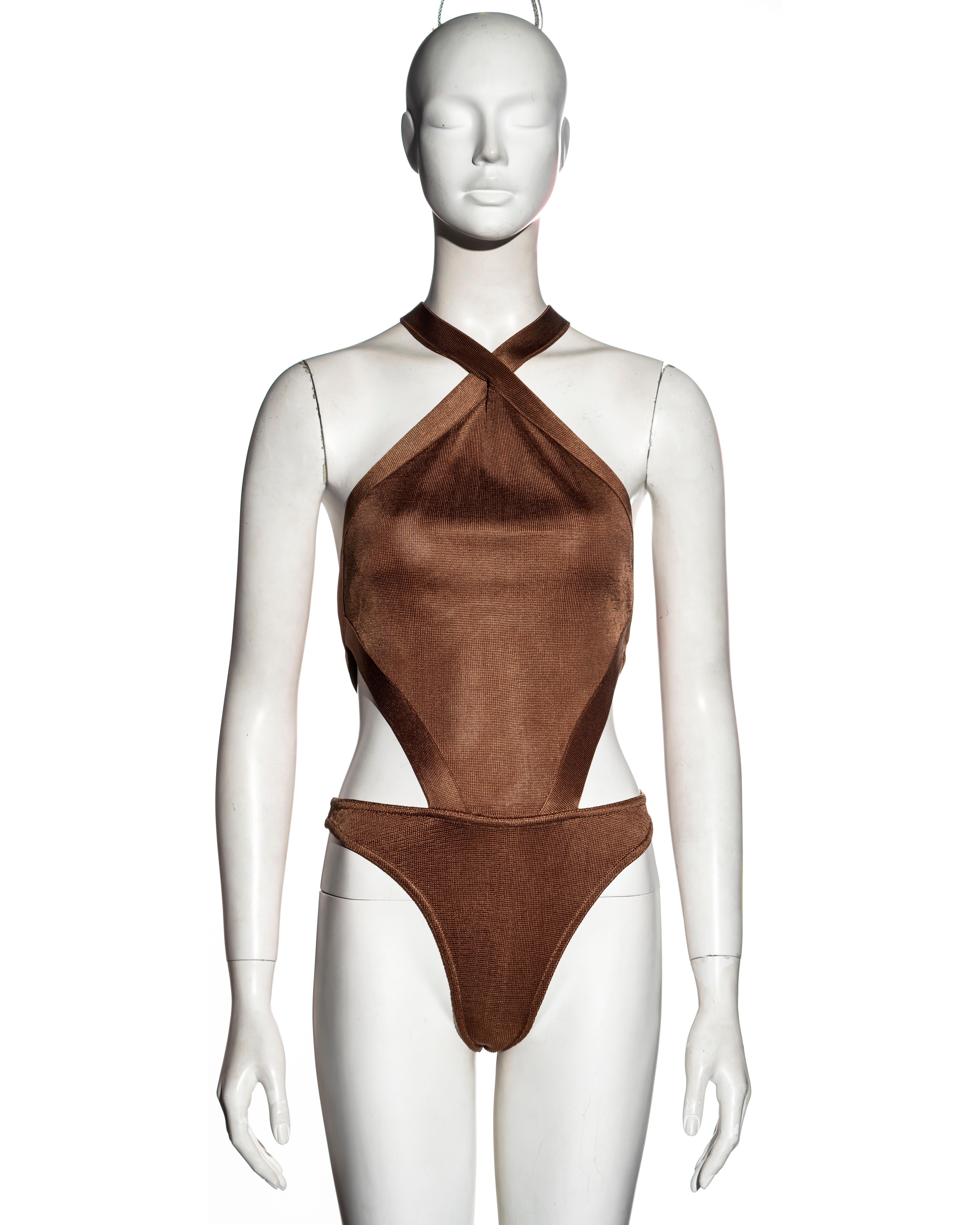 Azzedine Alaia bronze acetate knit bandage skirt and bodysuit set, ss 1986 For Sale 5