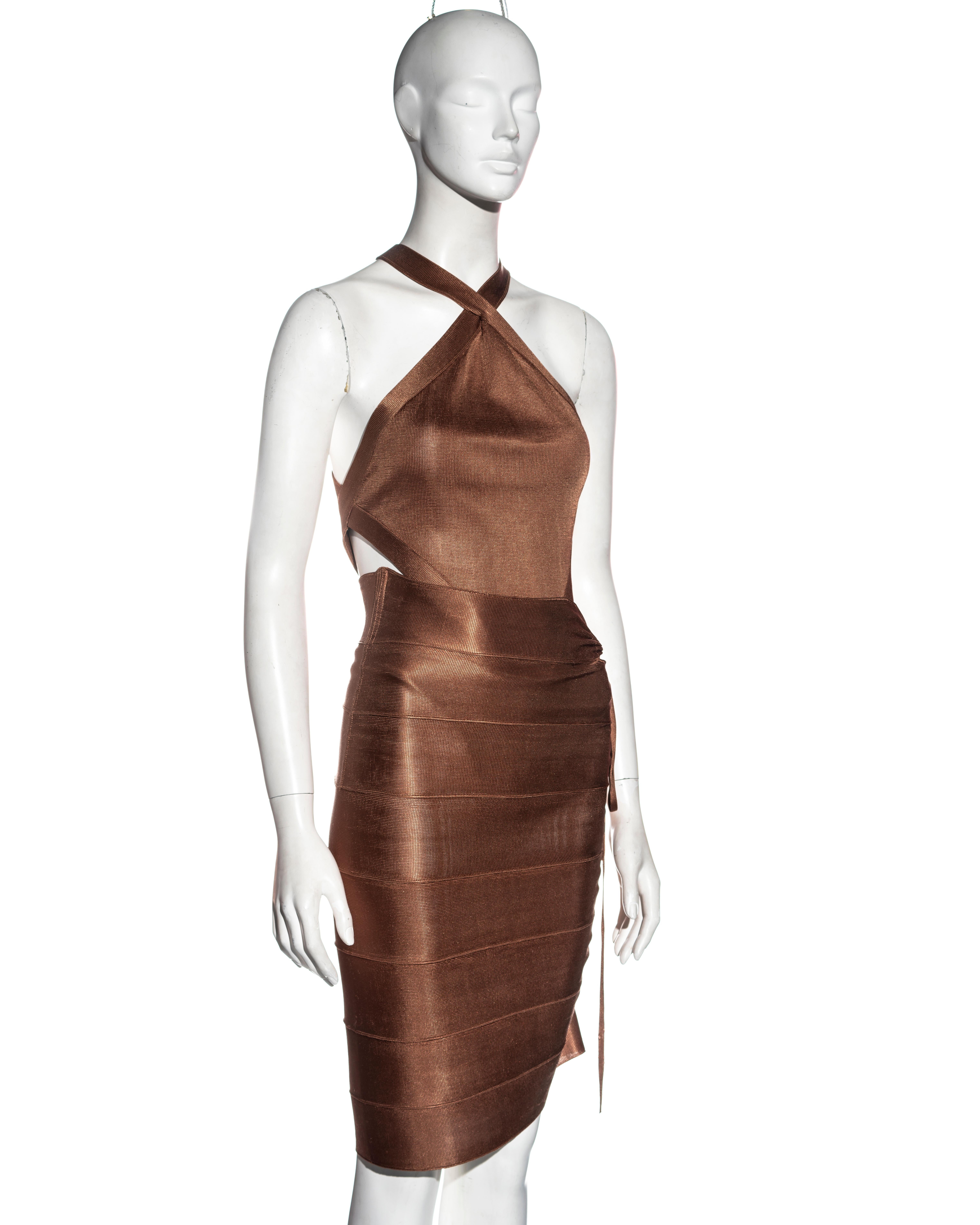 Brown Azzedine Alaia bronze acetate knit bandage skirt and bodysuit set, ss 1986