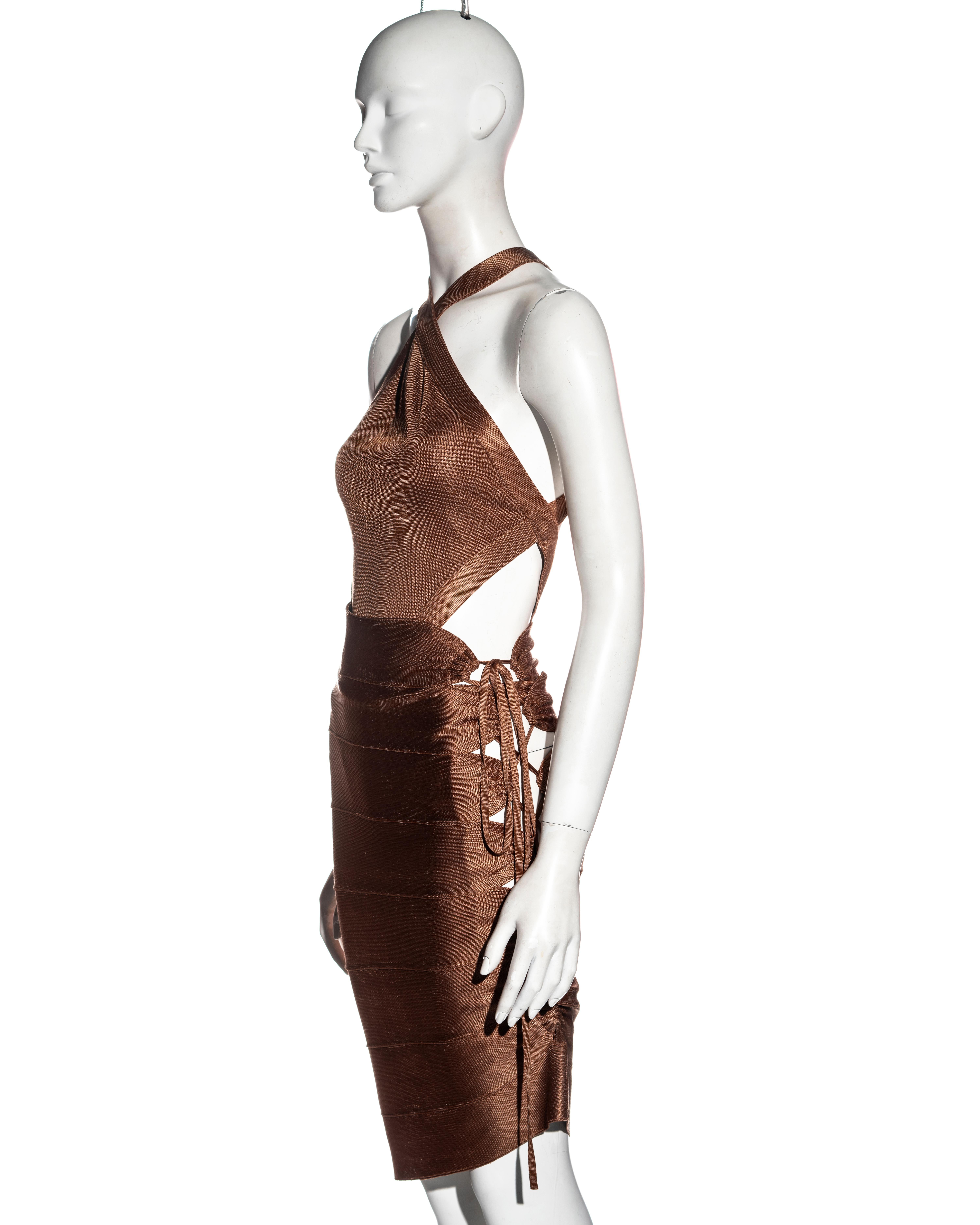 Women's Azzedine Alaia bronze acetate knit bandage skirt and bodysuit set, ss 1986 For Sale