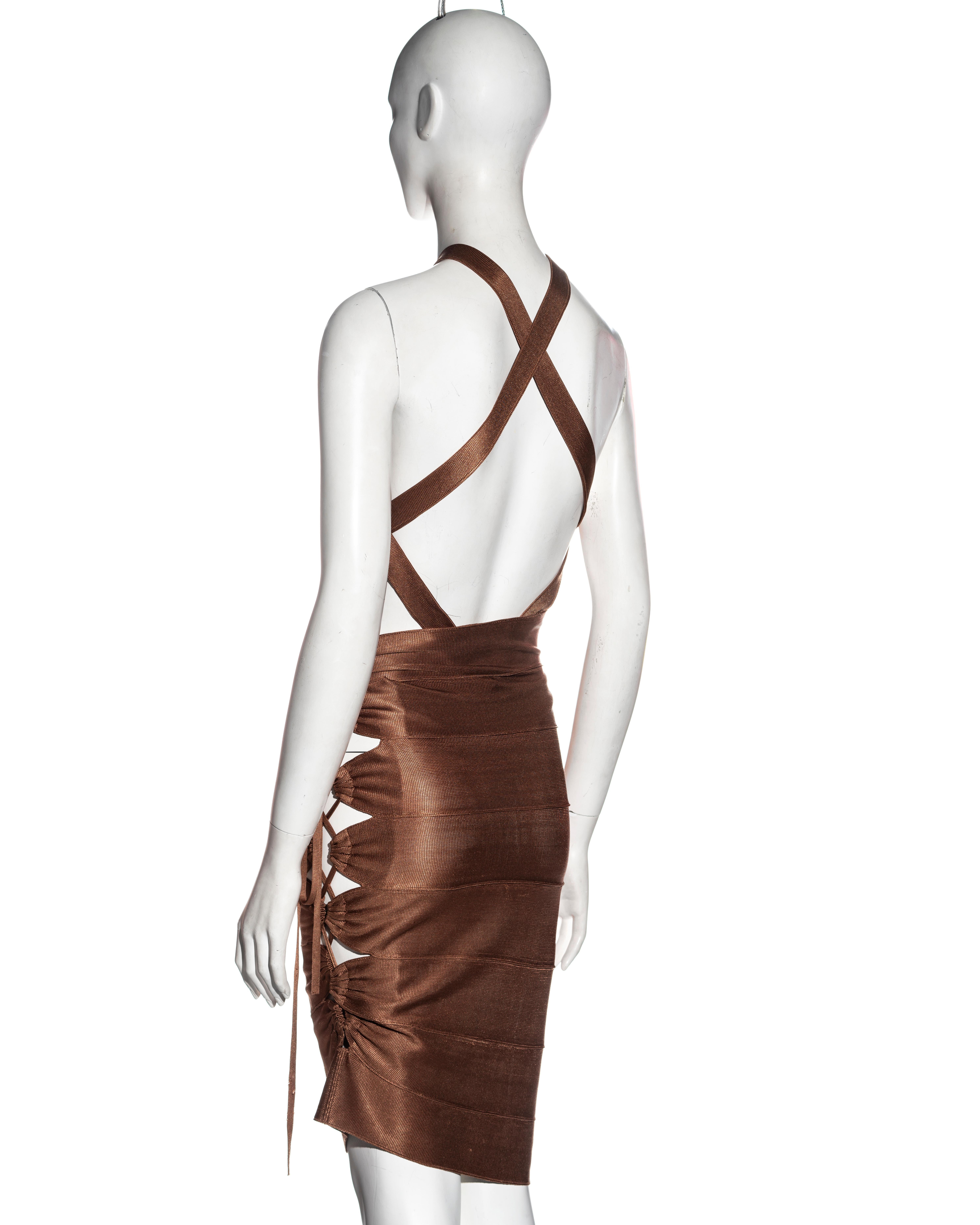 Azzedine Alaia bronze acetate knit bandage skirt and bodysuit set, ss 1986 For Sale 1