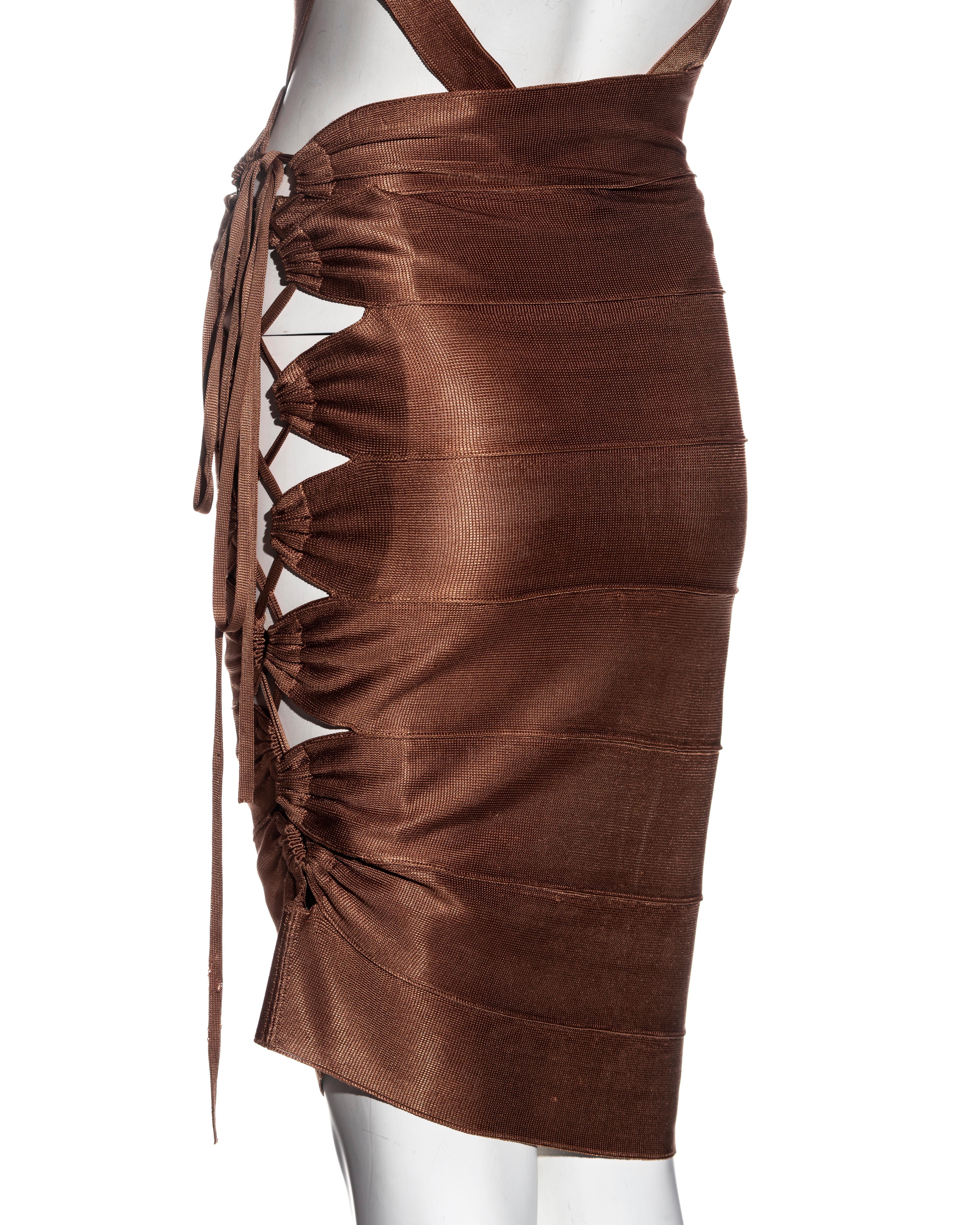 Azzedine Alaia bronze acetate knit bandage skirt and bodysuit set, ss 1986 For Sale 2