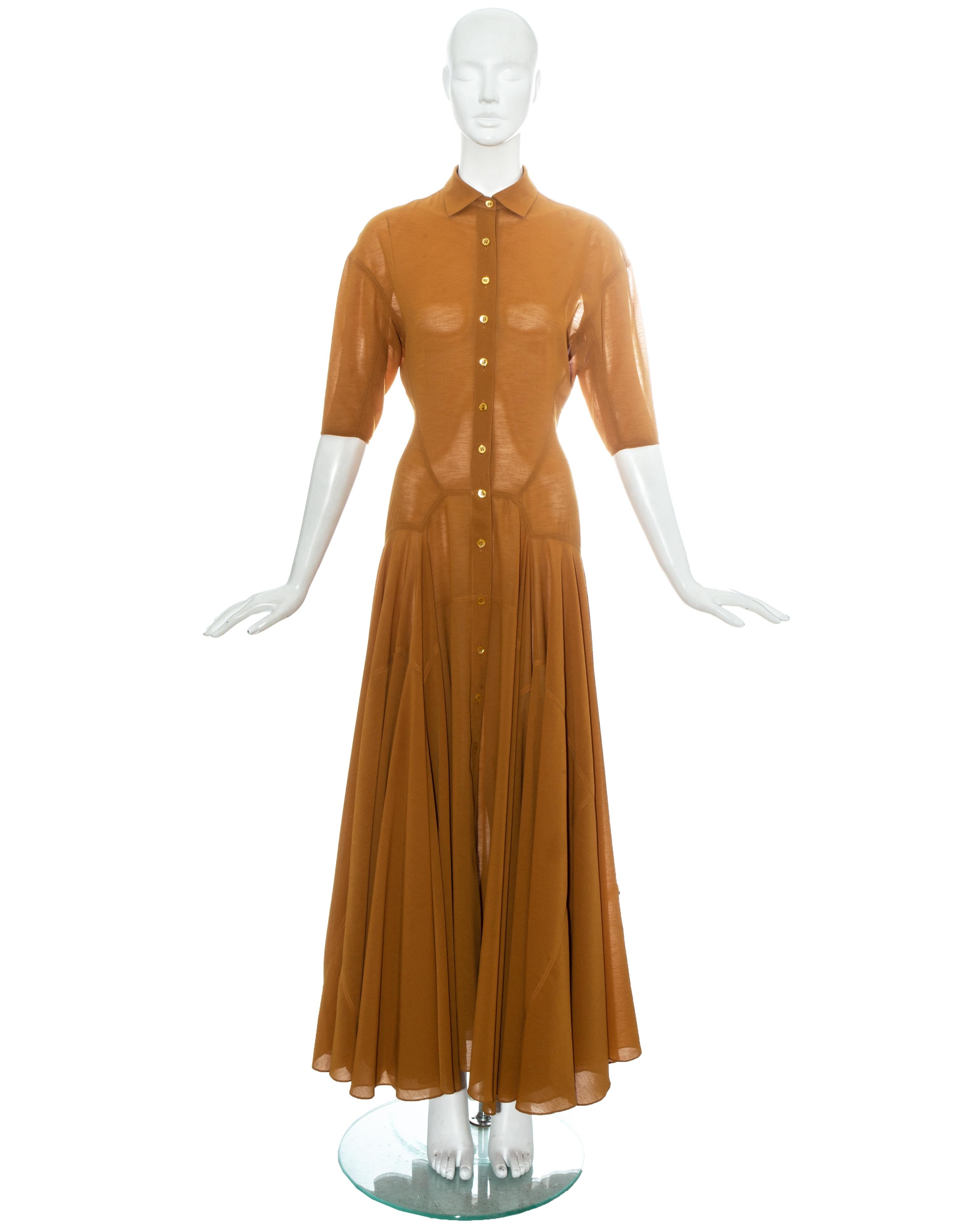Azzedine Alaia bronze viscose maxi shirt dress with nine button closures, pointed collar and full skirt beginning at the hips. 

The dress is constructed entirely with flat-felled seams - placed so well that the fabric moulds to the body in such a